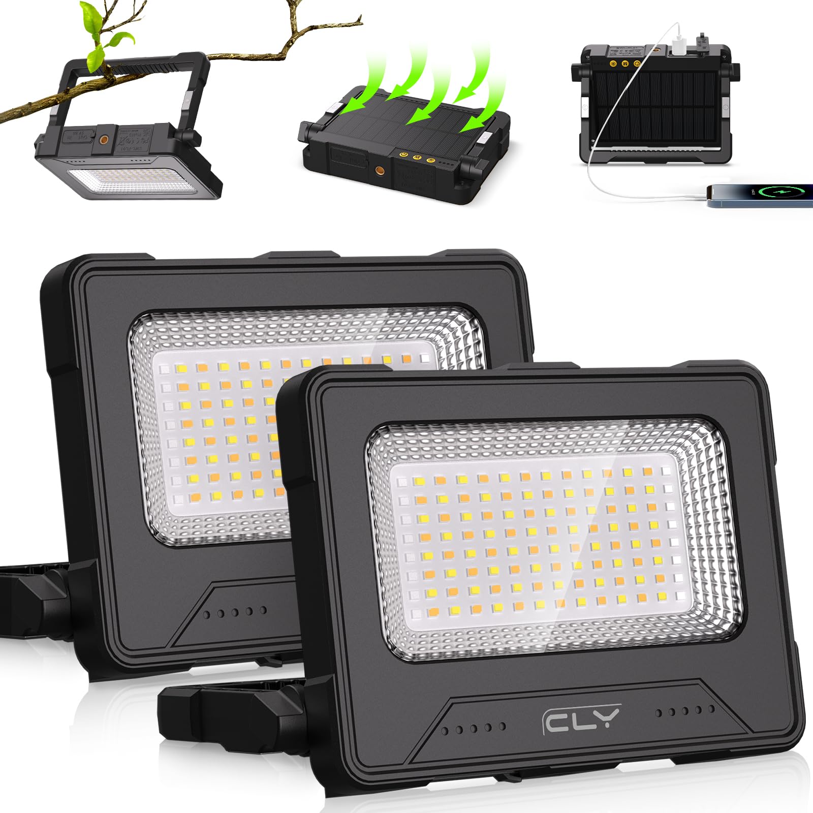 CLV 100W LED reflektor budowlany 12000MAH z akumulatorem LED, lampa robocza, reflektor 4 tryby świecenia, lampa kempingowa przenośna, 5 poziomów jasności, ładowana słonecznie, USB, lampa akumulatorowa