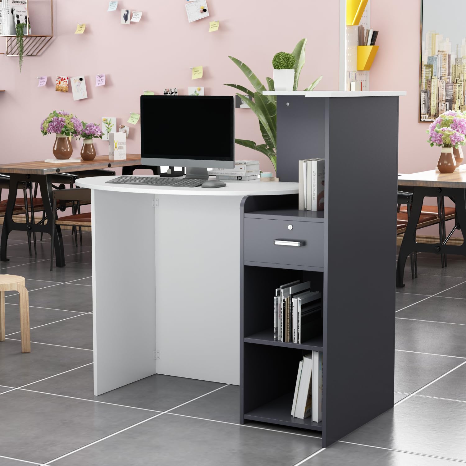 Banco di benvenuto, bancone reception, bancone di accoglienza con superficie di archiviazione aperta e 1 cassetto con serratura a chiave, motivo Patchwork, 40 x 121 x 110 cm, colore: Nero e