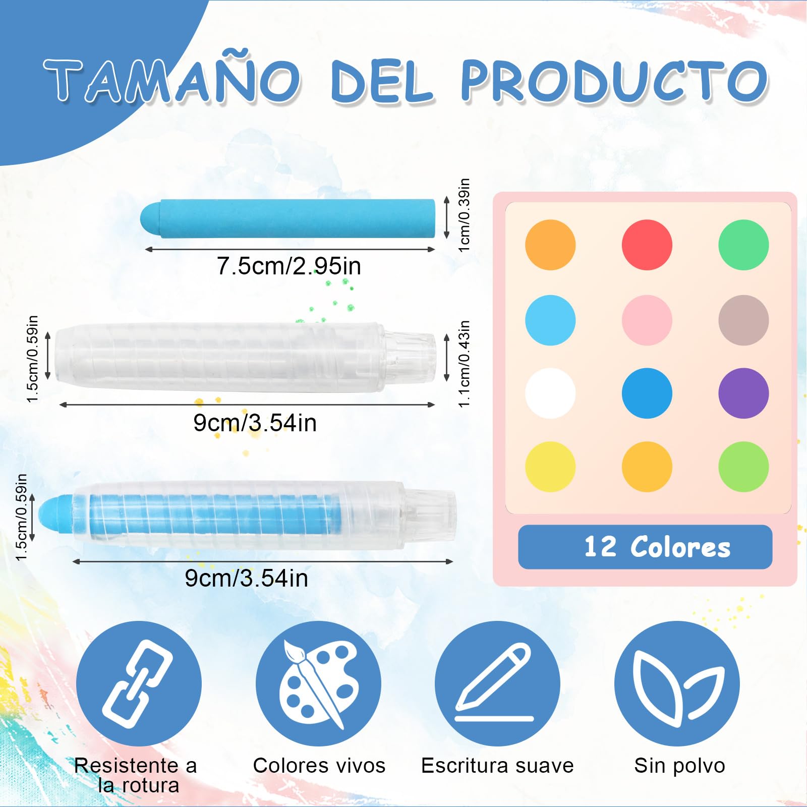 Scettar 16 Pcs Tizas Sin Polvo, Colores para Pizarra Borrables y Lavables, No Tóxicas, Solubles en Agua, para Escuela, Oficina y Hogar