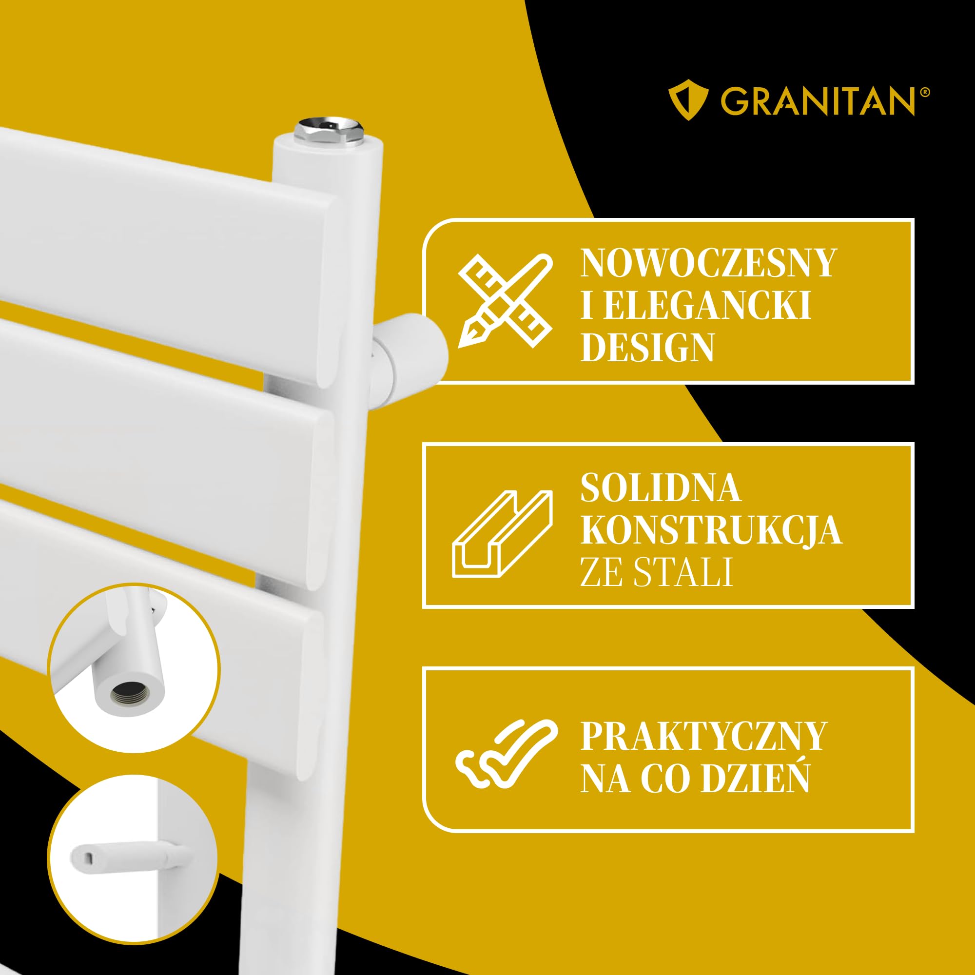 Granitan Grzejnik Łazienkowy OSLO 80x45 cm, Czarny, 407W | Grzejnik Łazienkowy Wodny, Ścienny grzejnik, drabinka do suszenia ręczników, podłączenie do centralnego ogrzewania