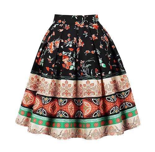 Women's Skirts Vintage A-line Printed Pleated Flared Midi Skirt with