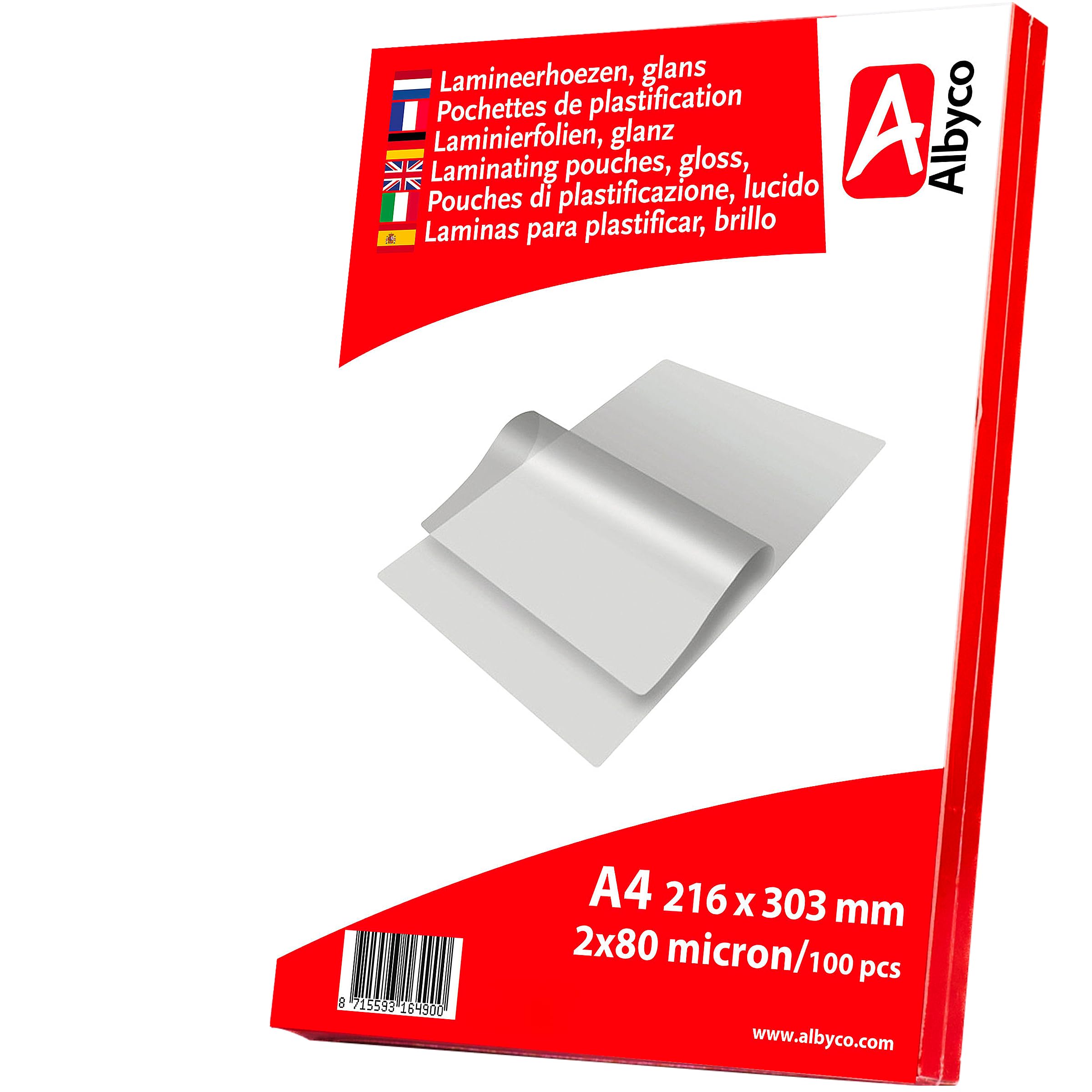Albyco Fundas Plastificar - Laminas para plastificar- Película de Laminación- A4 (216x303 mm) - 2x80 (160) Micras- 100 Piezas- - Plastificadora, A4 Hojas Plastificar- Brillante- Transparente-