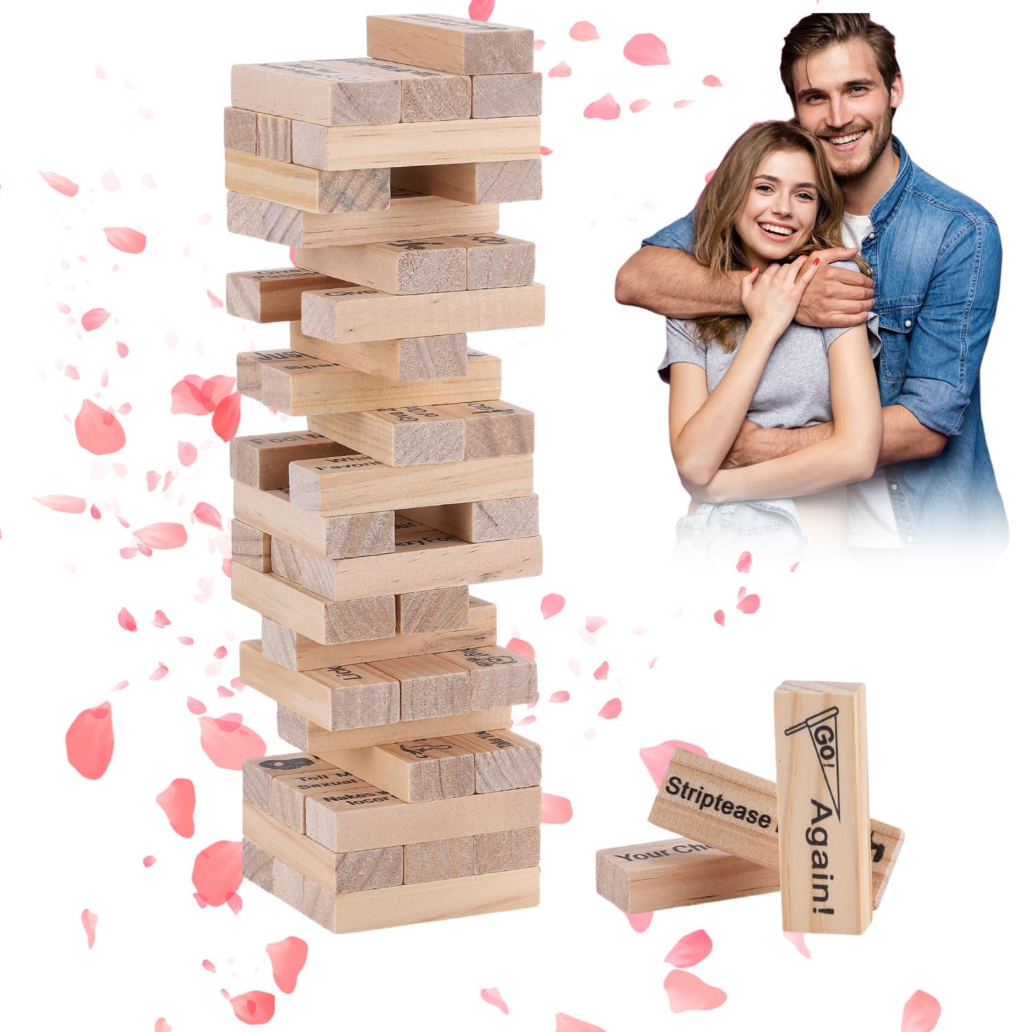 Nhemeylp Couples Games, 48pcs Couple Game Blocks, Super Naughty Block Tower Game, Wooden Stacking Blocks Games for Adults Truth or Dare Challenges, Funny Couple Game for Valentine