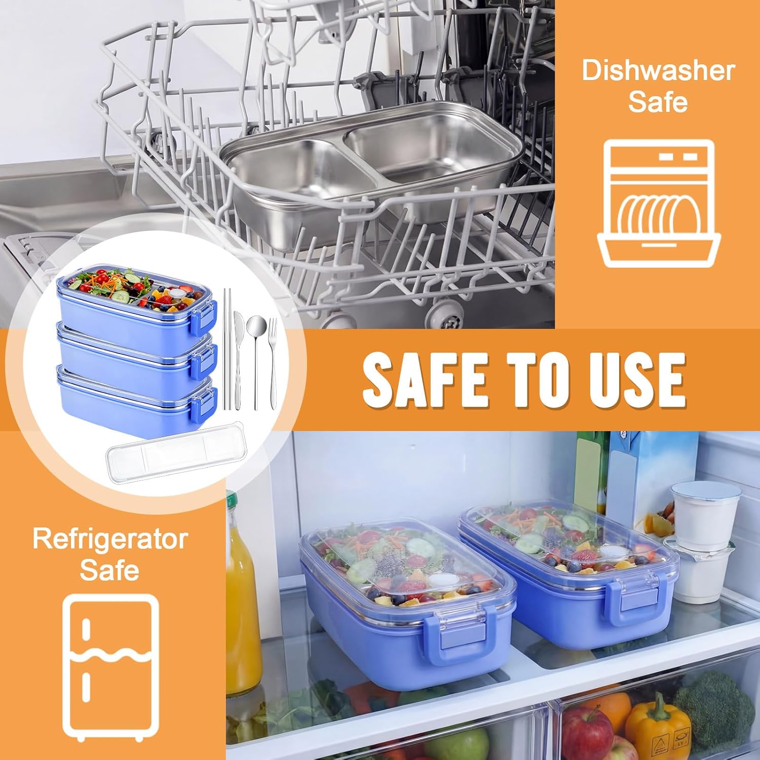 48 Pcs Stainless Steel Snack Containers with Lids 2 Compartments Leakproof Snack Box and Stainless Steel Flatware Set Include Chopsticks Knife Fork Spoon with Case for Meal Prep Food Storage