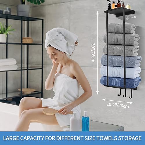 Miniatura 5 de HOTNIU Toalleros para baño pequeño montado en la pared, almacenamiento vertical de toallas con estante de metal y 3 ganchos, toallero de baño para