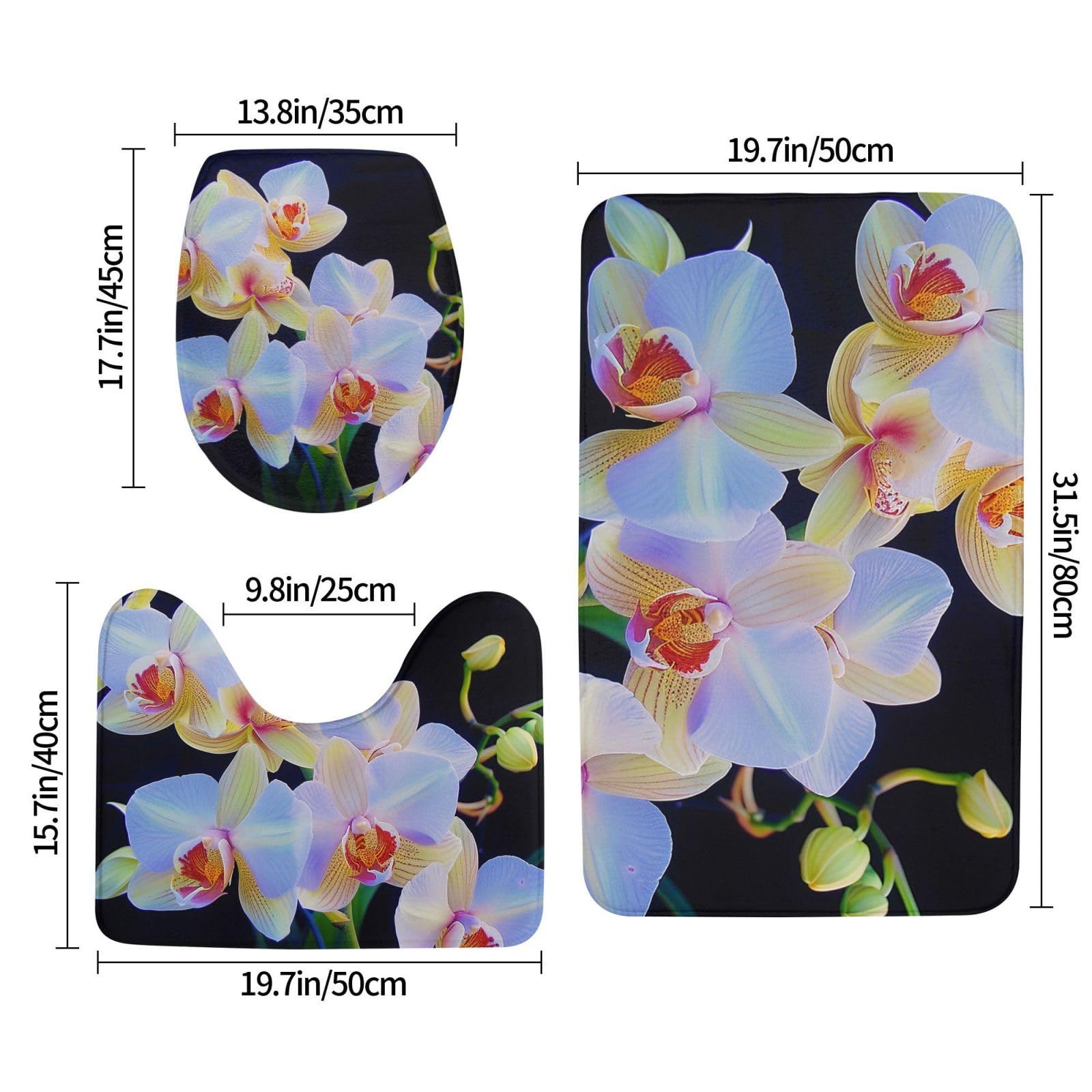 Lot de 3 tapis de bain en flanelle avec motif orchidées, tapis de bain + tapis contour + housse de siège de toilette, tapis de bain antidérapant et absorbant