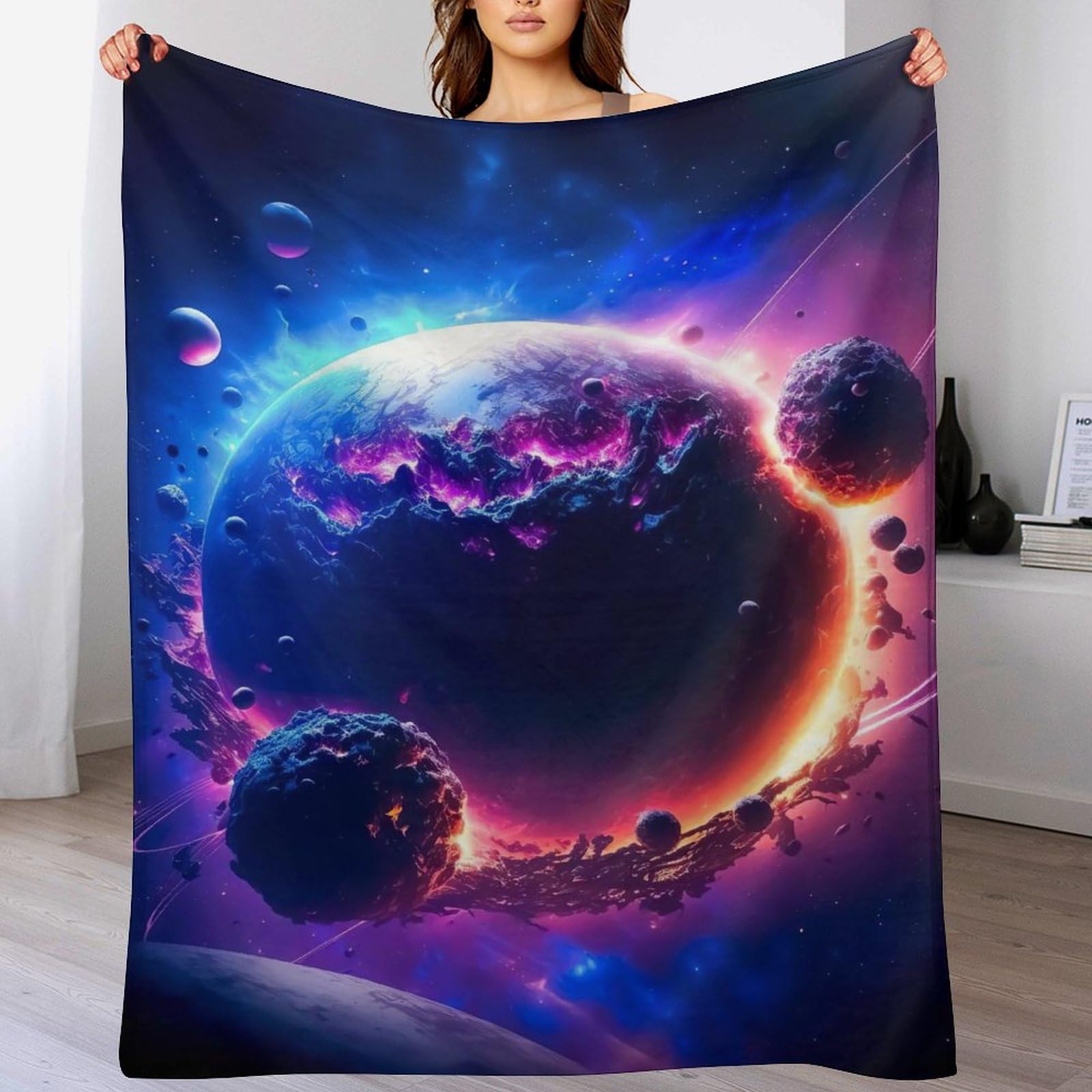 Plaid couverture polaire planète ciel étoilé en flanelle chaude pour canapé et lit 180x200cm