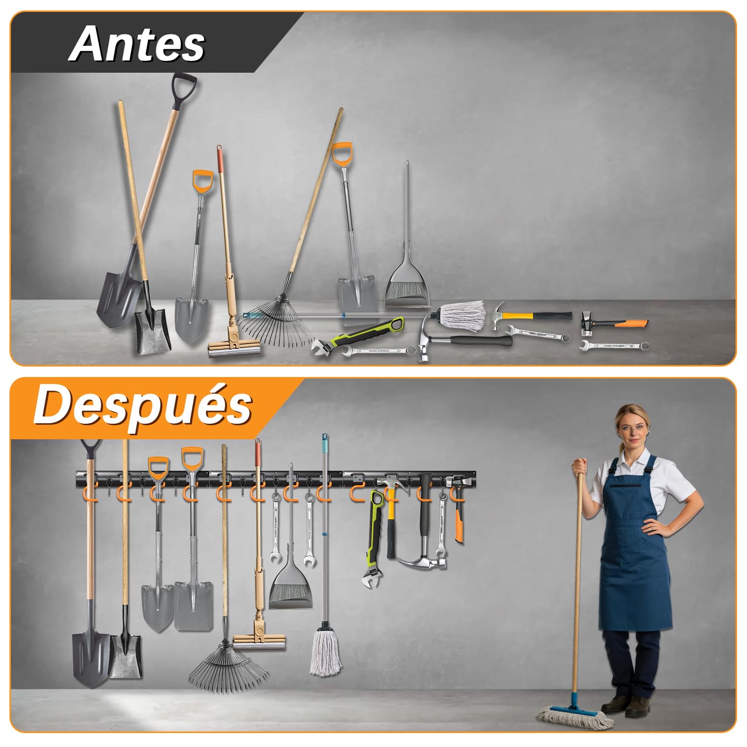 3-H Soporte Herramientas Pared 4x42cm, Organizador Herramientas Pared Acero Macizo Ajustable, Ganchos Garaje para Colgar Impermeable con 16 Ganchos +12 Pequeños, Jardín Garaje Baño(168cm/66.14inch)
