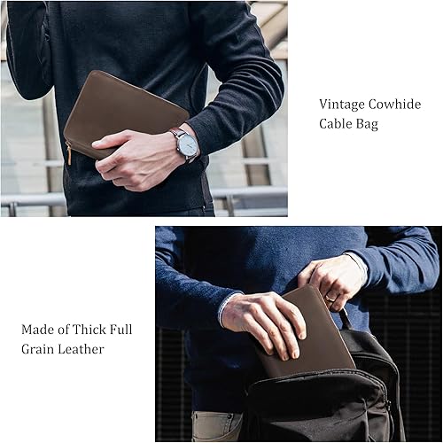 Miniatura 7 de Polare - Funda organizadora de cables de viaje de cuero de grano completo, bolsa de transporte de accesorios electrónicos de doble capa con