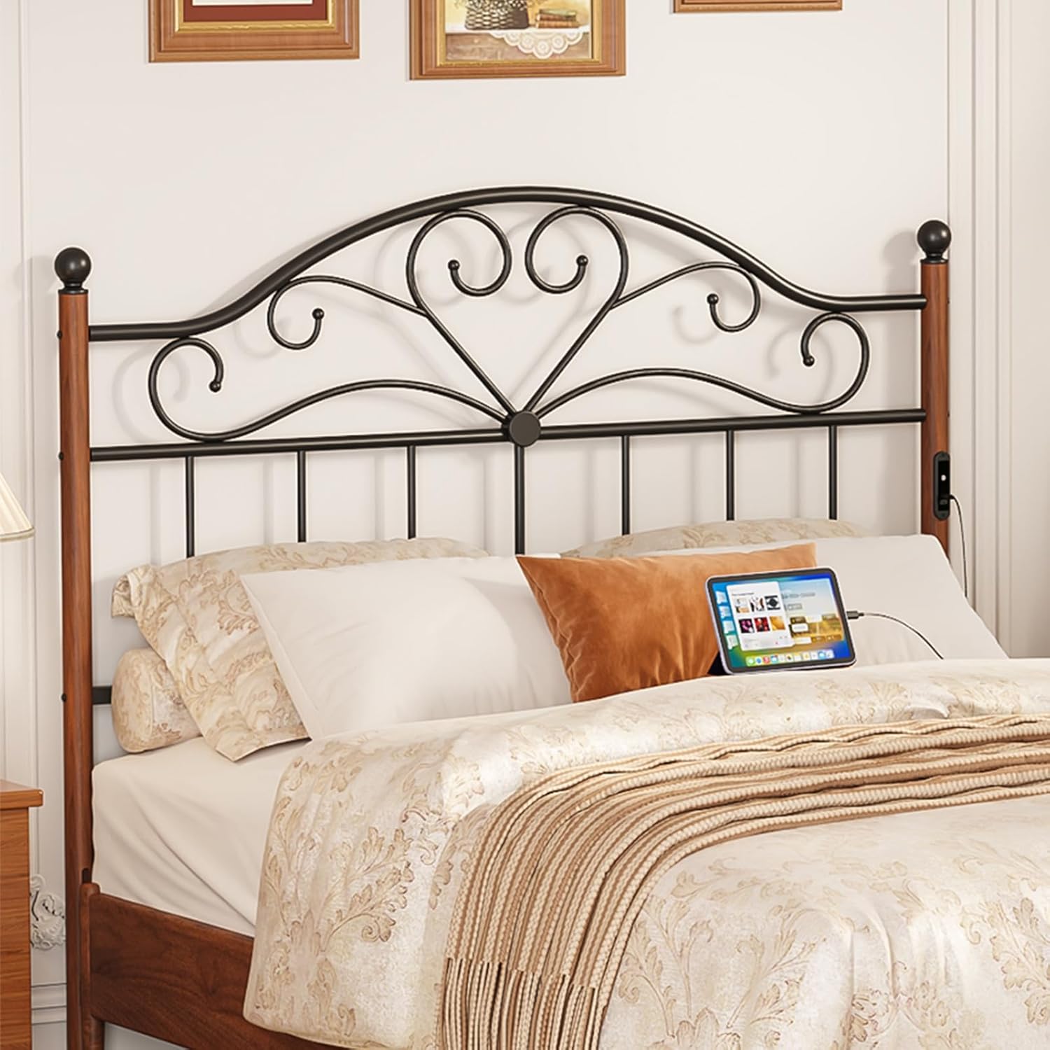 Merronix Full Size Headboard with Charger Stations, Vintage Metal Headboard Only Farmhouse Retro Freestanding Black Wooden-Painting Headboard for Queen Bed Frame, Height Adjustable, Easy Assembly
