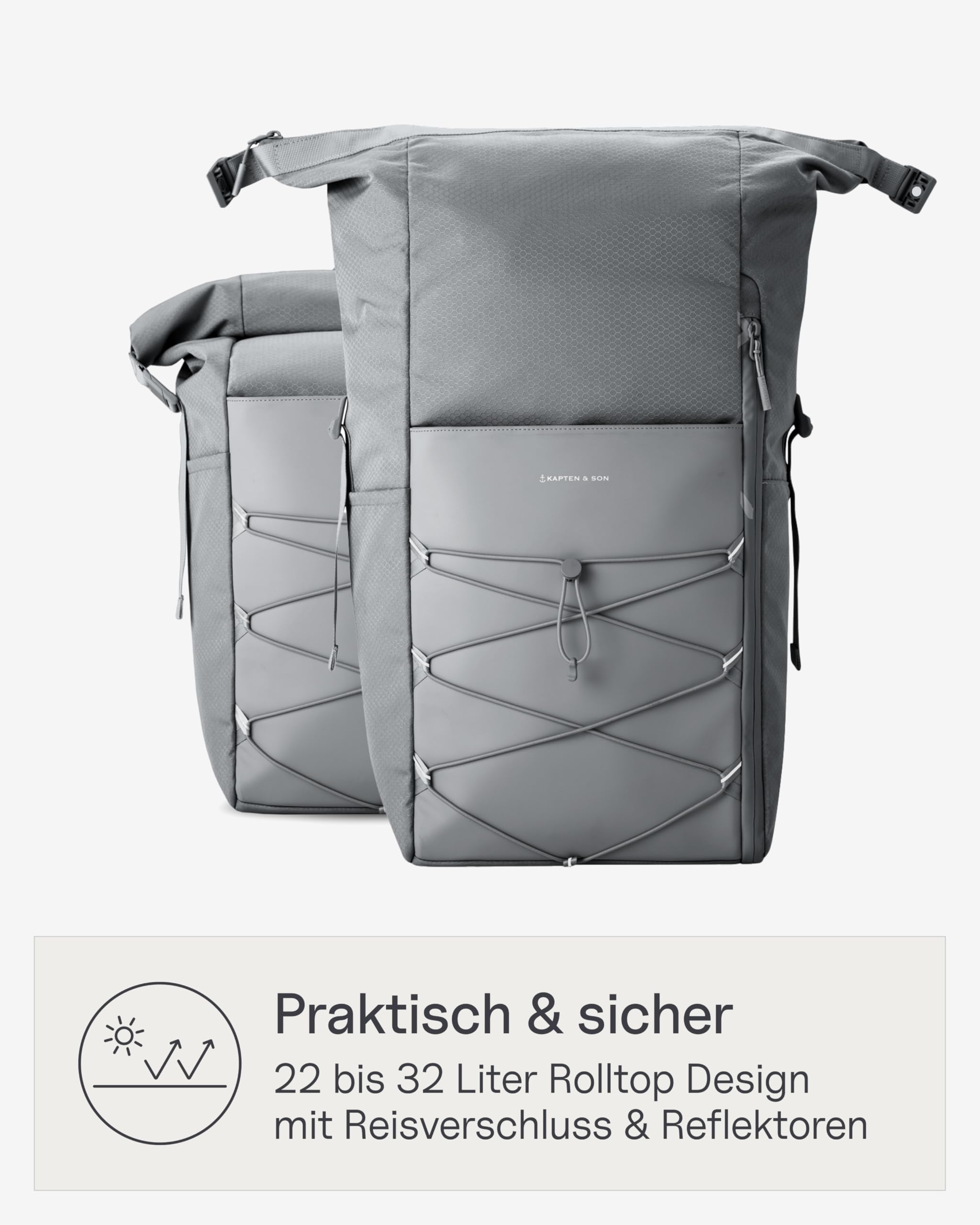 Kapten & Son Rucksack Yoho Stone Grey 24-30 L | Rolltop Rucksack Damen & Herren Grau | Handgepäckrucksack mit 14 Zoll Laptopfach & seitlicher Öffnung | Backpack ideal für Reisen, Uni, Arbeit, Sport