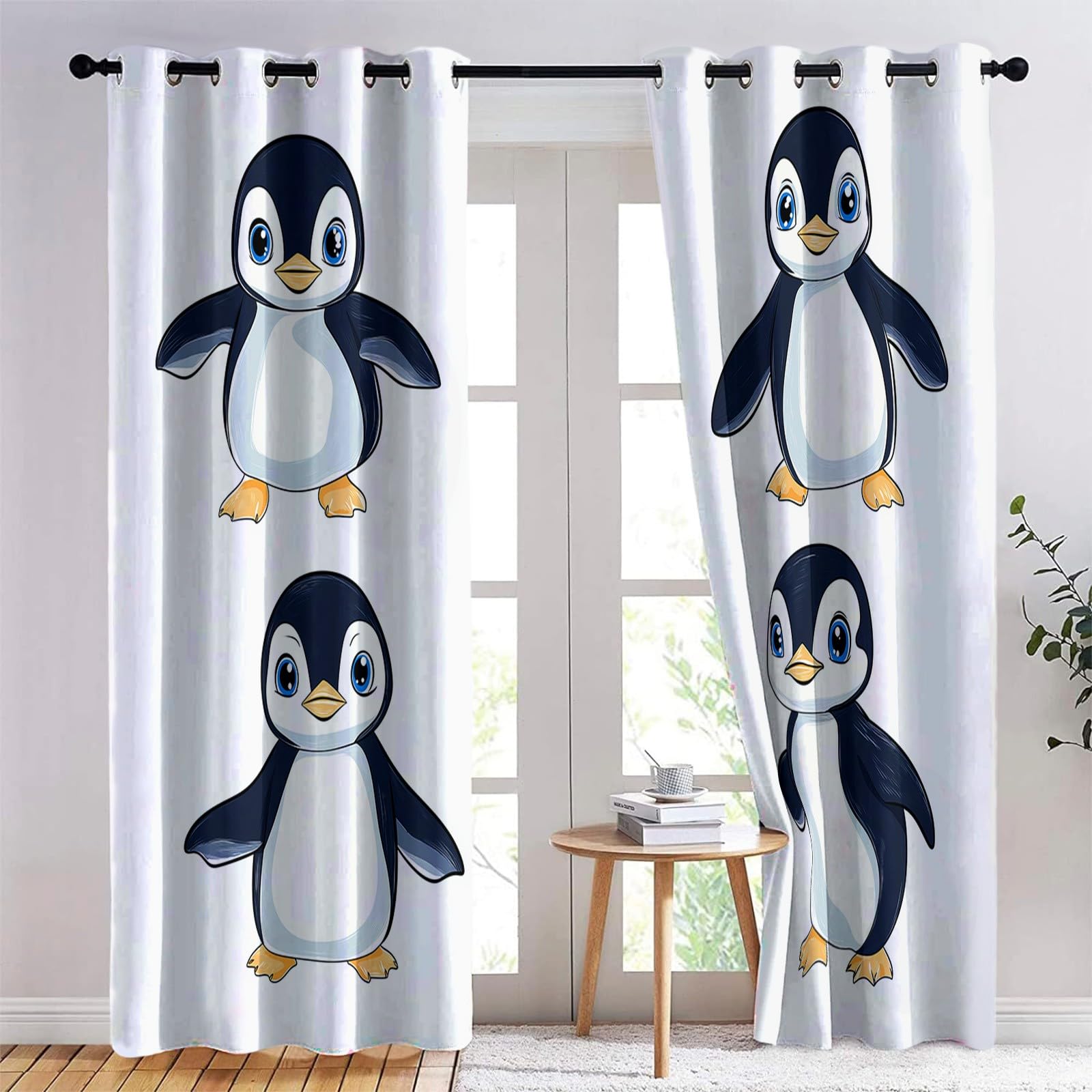 Generisch Weiß 2er Set Verdunkelungsvorhänge mit Ösen, Cartoon-Pinguin Illustration Blickdicht Thermo Isoliert Vorhänge für Wohnzimmer & Schlafzimmer, HxB 214 x 91.5 cm