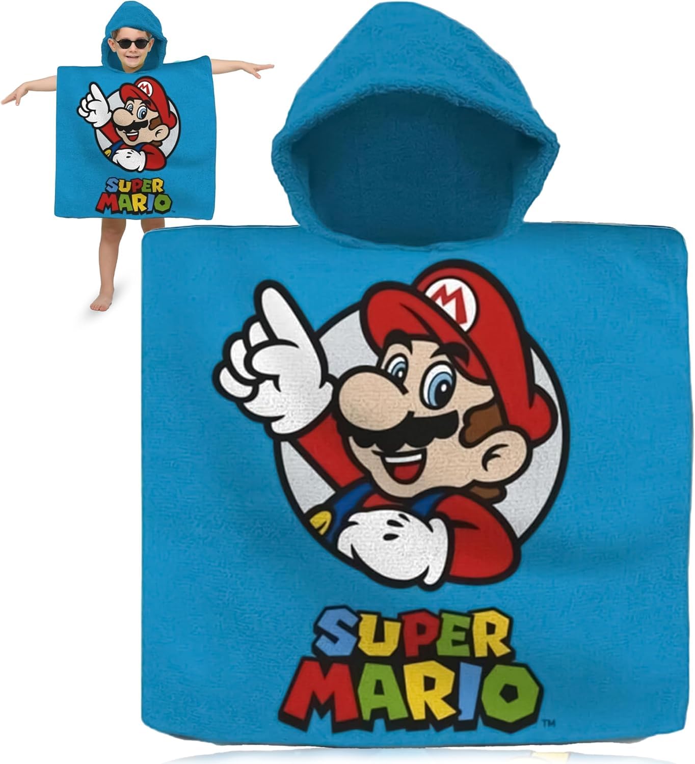 SRV Hub Super Mario Kids Hooded Poncho Towel 60x60cm | Nintendo Beach Robe for Pool, Bath & Surf | Soft Cotton Towel for Boys 3-6 Years | Gamer Summer Essentials โ image 1