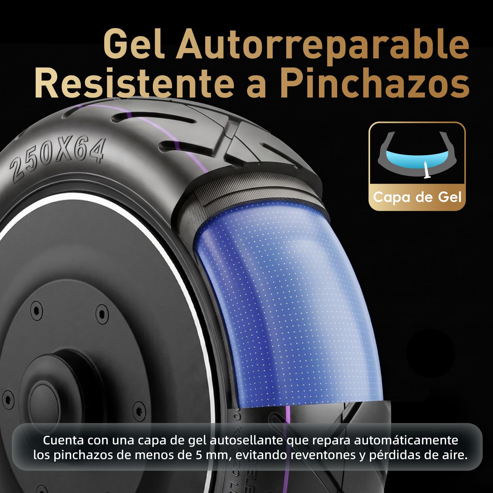 250 x 64 CST - Neumático auto-reparable para patinete eléctrico Xiaomi 4 Ultra - 10" - Neumático de repuesto con adhesivo Live - Aspirador sin cámara de aire delantera/trasera - Con boquilla
