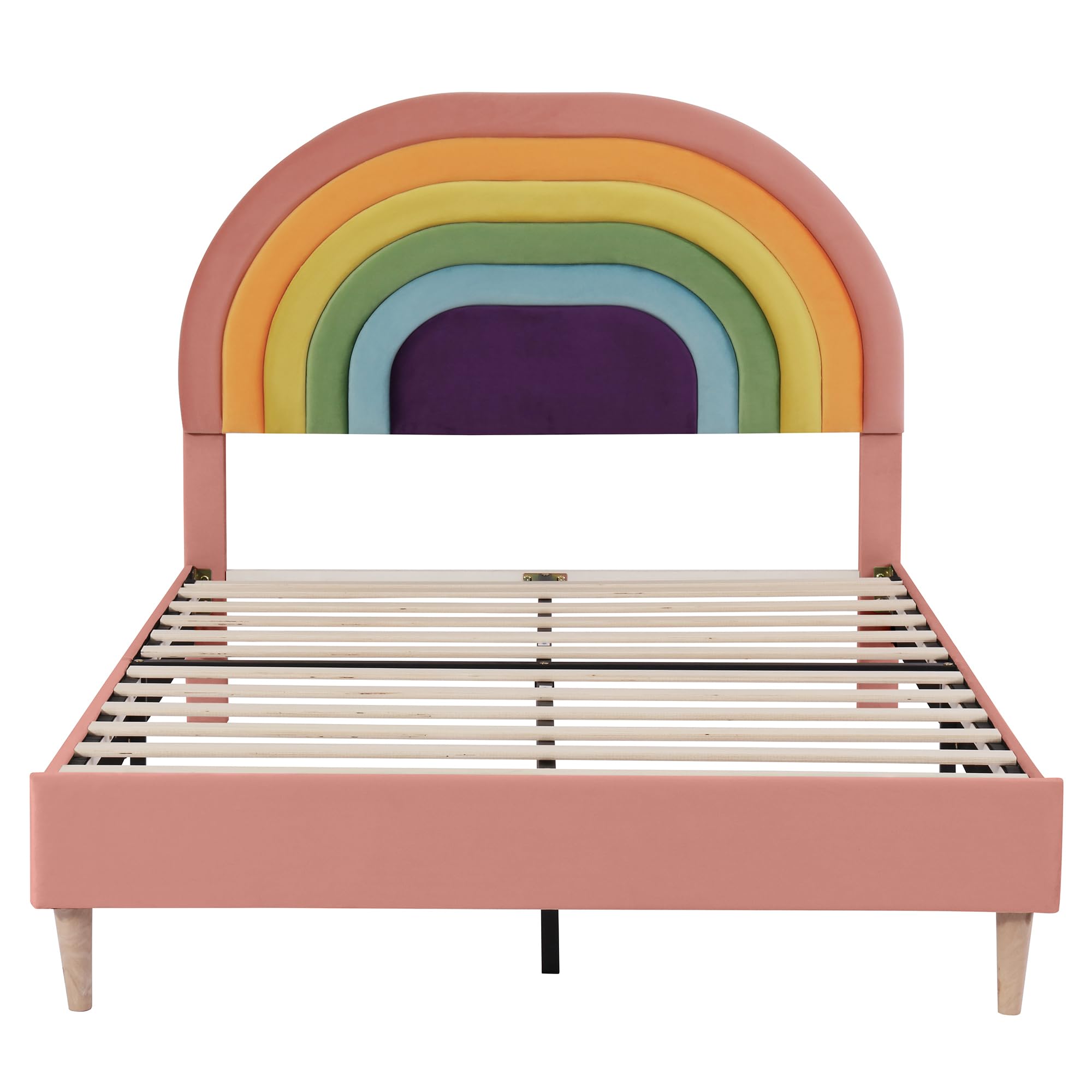 Merax Cama tapizada de 140 x 200 cm con somier y cabecero ajustable, cama doble para adultos y jóvenes, tela de terciopelo, color rosa (sin colchón)