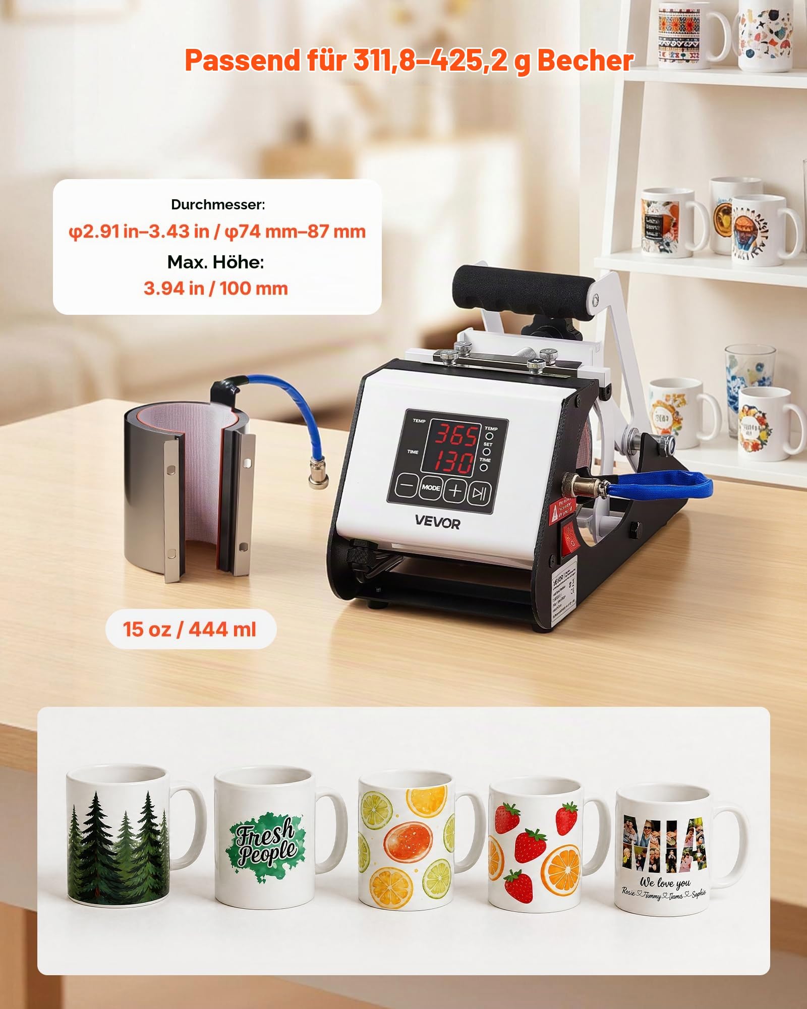 VEVOR Tassenpresse Becherdruckmaschine Mug Sublimationspresse 444ml Weiß, inkl. Klebeband & Handschuhen Einfache Temperatur- & Zeiteinstellung für Sublimationsdruck auf Bechern & Tassen