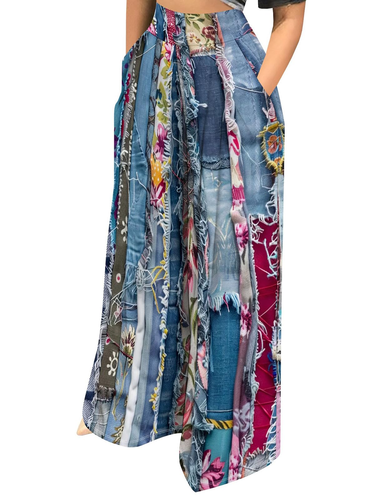 WOKANSE Wide Leg Pants Woman Casual Stretchy 3D Print High Waist Pull On Flowy Long Pants