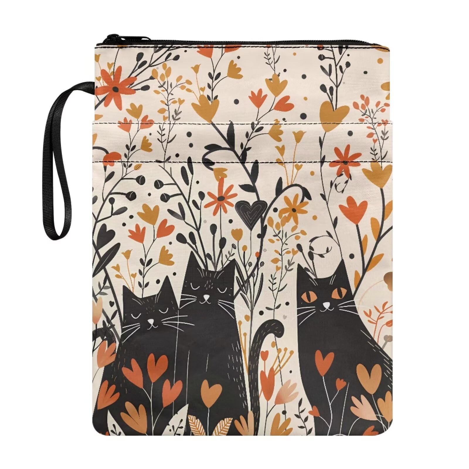 Book Sleeve for Paperback, 22x29 cm, Book Cover with Zipper and Front Pocket, Washable Fabric for Book Lovers, Black Cat Flower โ image 1