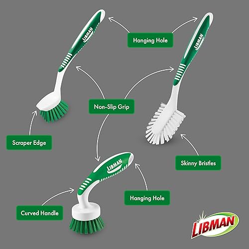 Miniatura 4 de Libman Kit de cepillos de limpieza verde y blanco, juego de 3 piezas, cepillos multiusos para cocina, lavabos, fregaderos, lavavajillas