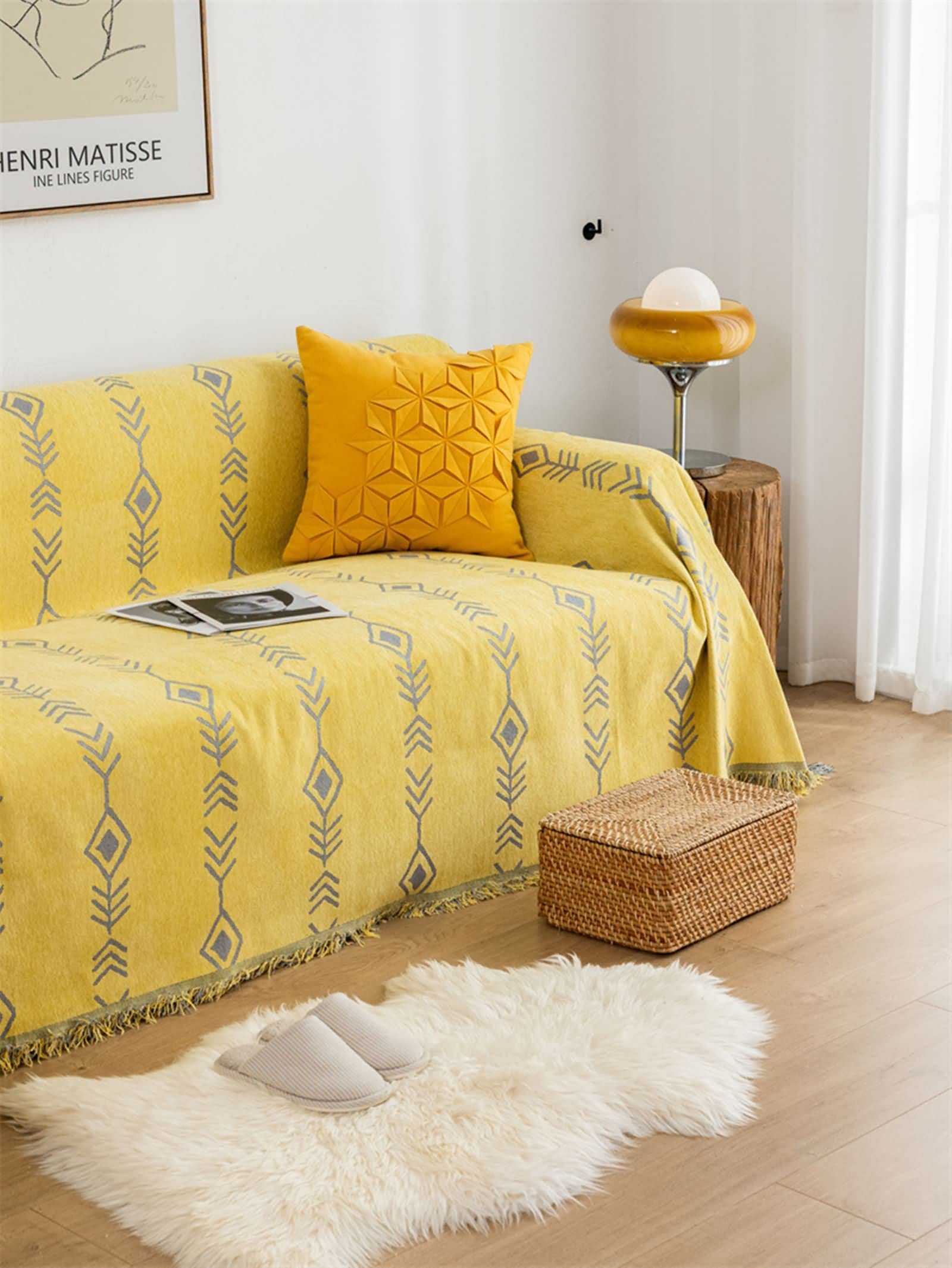 3 Sitzer Couch Überzug,Sofa Bezug mit Pfeil Sofabezug Chenille Handtuch Sofa Gelb Grau Sofaüberwurf Decke 180x260CM