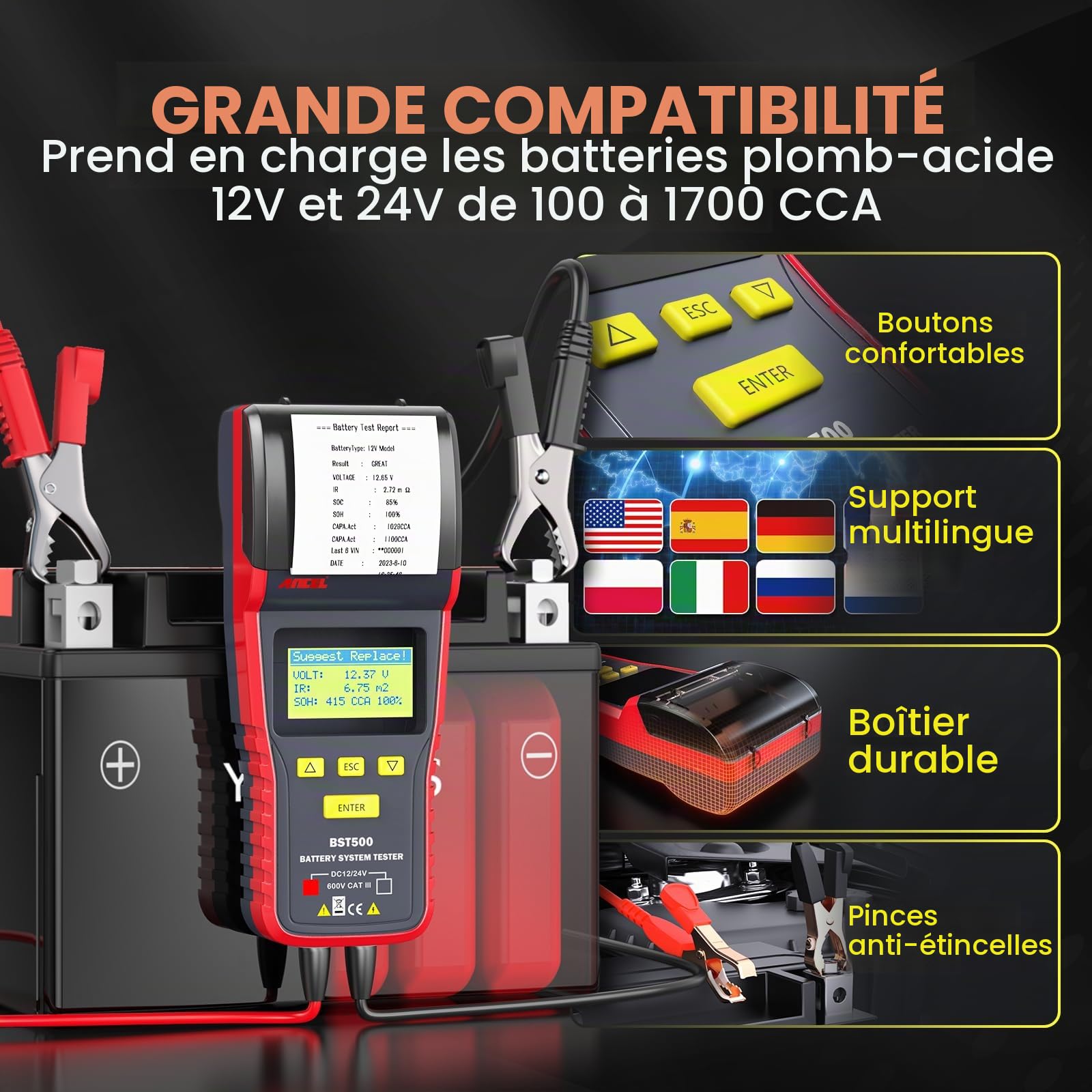 ANCEL BST500 Professional 12 V/24 V Automotive Charge testeur de Batterie d'impression des données Disponibles Digital Analyseur Bad Cell Outil de Test pour Voiture/Camion/Moto et Plus