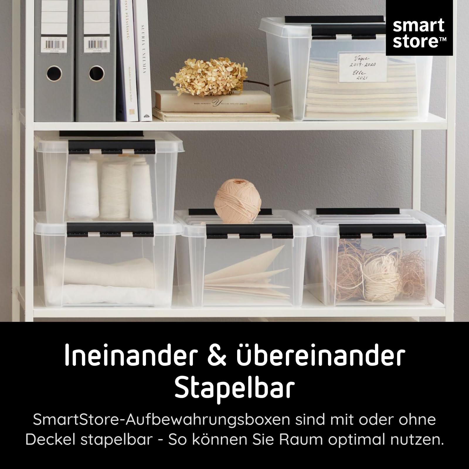 SmartStore klare Kunststoffboxen mit Deckel, 14 Liter, 6er-Pack, verstärkt, lebensmittelecht, Clip-Verschluss, stapelbar und verschachtelbar, BPA-frei, L x B x H: 40 x 30 x 18 cm