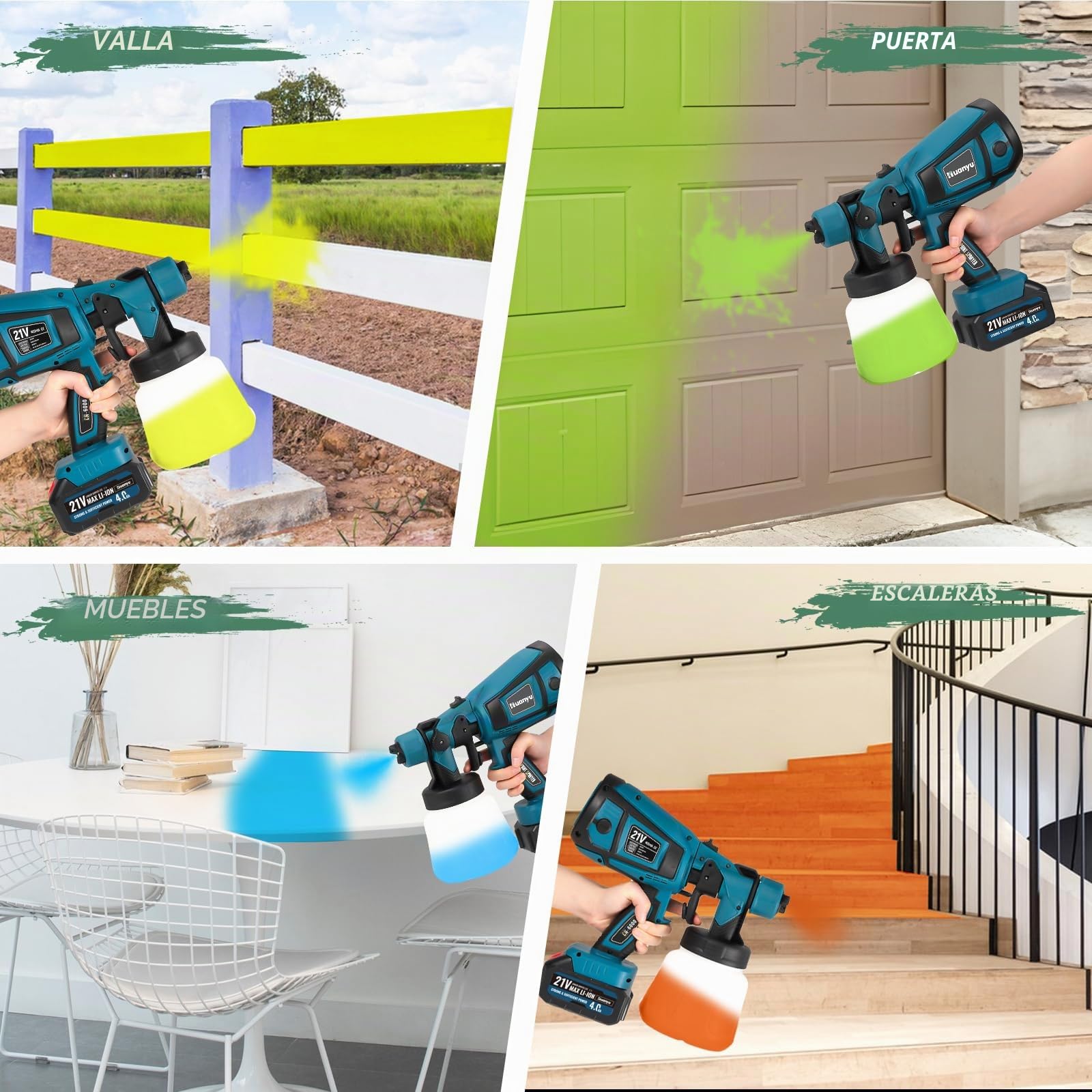 Huanyu Pulverizador de Pintura sin Cable,5 boquillas,3 Modos(CN6000, Azul) | 2 * Baterías de 21V 4.0Ah, 900ml, Pulverizador de Pintura eléctrico, Pintura para muebles y casa
