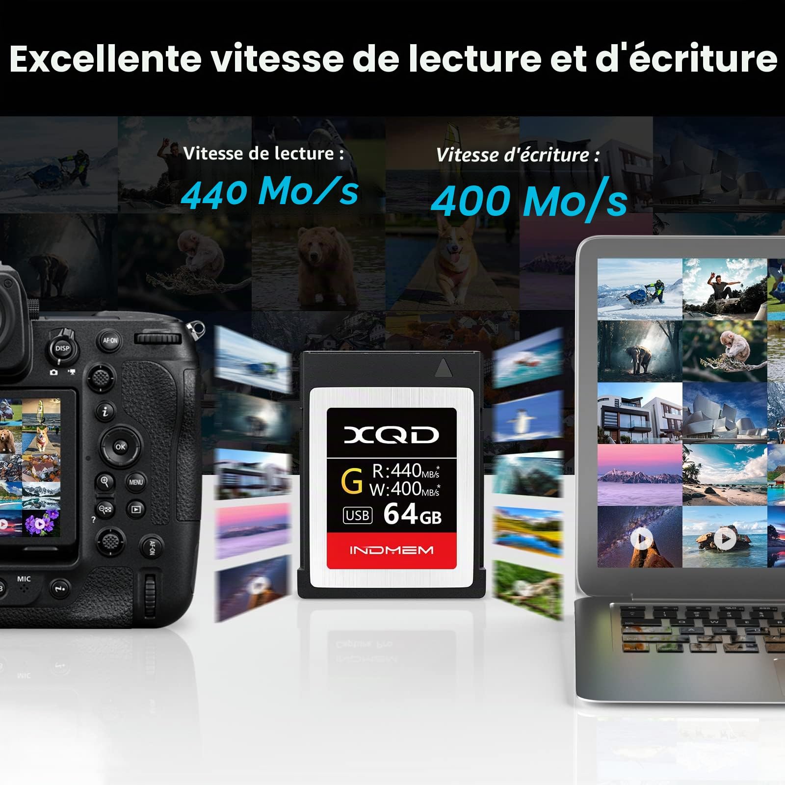 INDMEM Carte mémoire XQD 5X 64 Go MLC XQD Flash High Speed Série G (lecture 440 Mo/s et écriture 400 Mo/s)