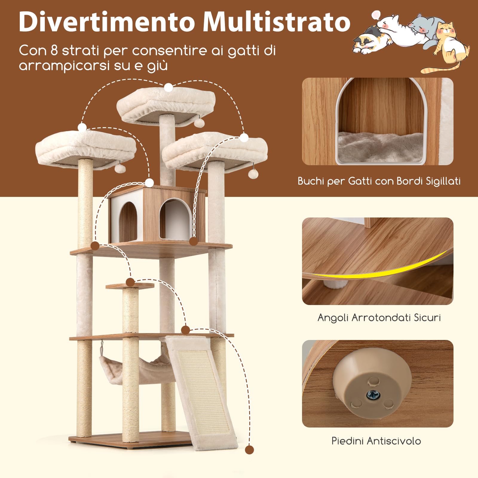 COSTWAY Albero Tiragraffi per Gatti Alta 168 cm con Amaca