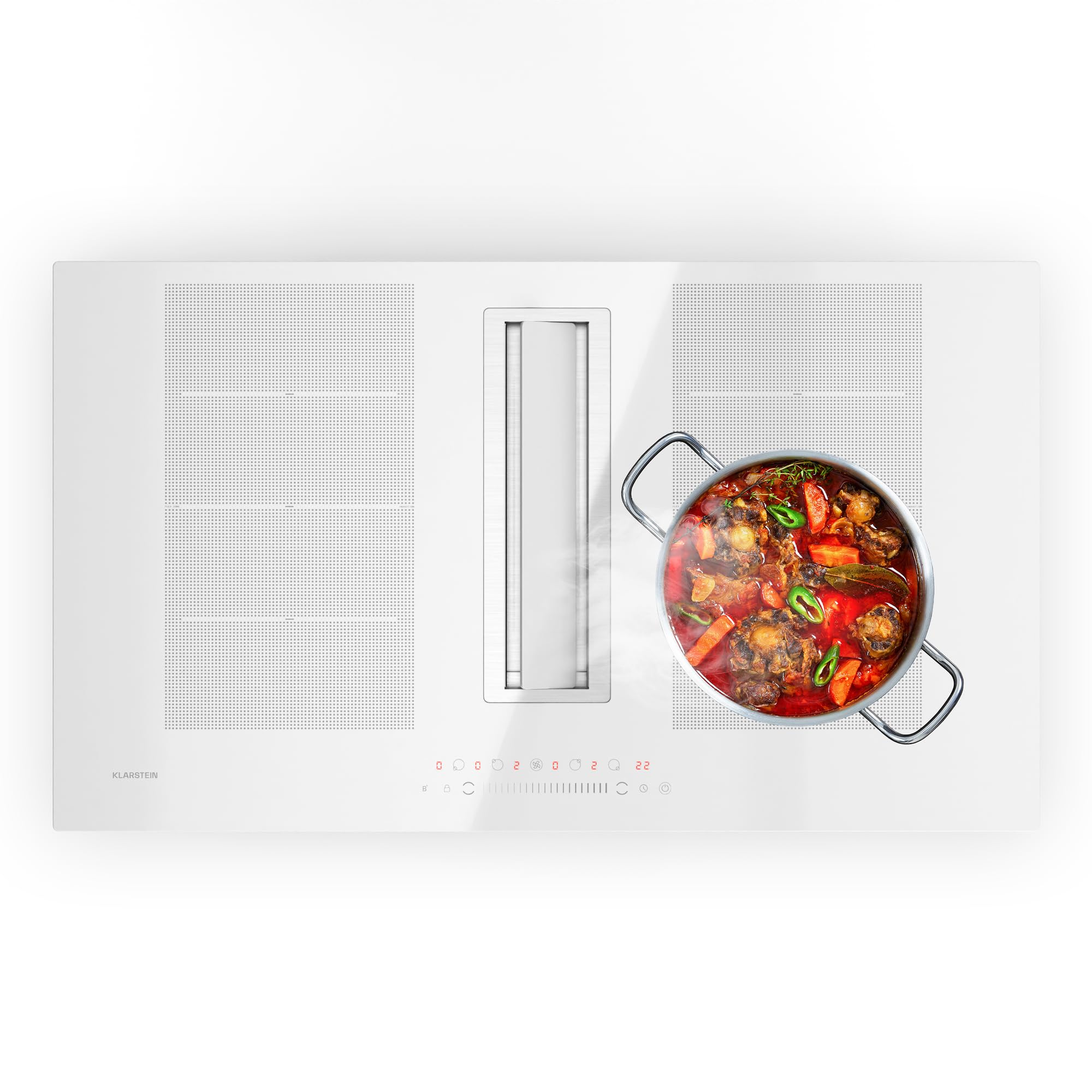 Klarstein Chef-Fusion Placa de Inducción con Extractor Integrado - Flex-Zone de 7200 W, 610 m³/h, Clase A, Control Táctil, Diseño Estético, Acero Inoxidable y Cristal, 90 cm