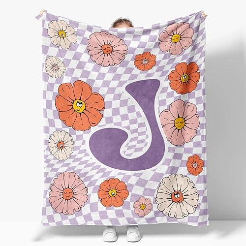 Miniatura 9 de Manta retro de los años 70 con inicial R floral a cuadros, groovy abstracta estética, manta de franela suave personalizada, regalos con monograma