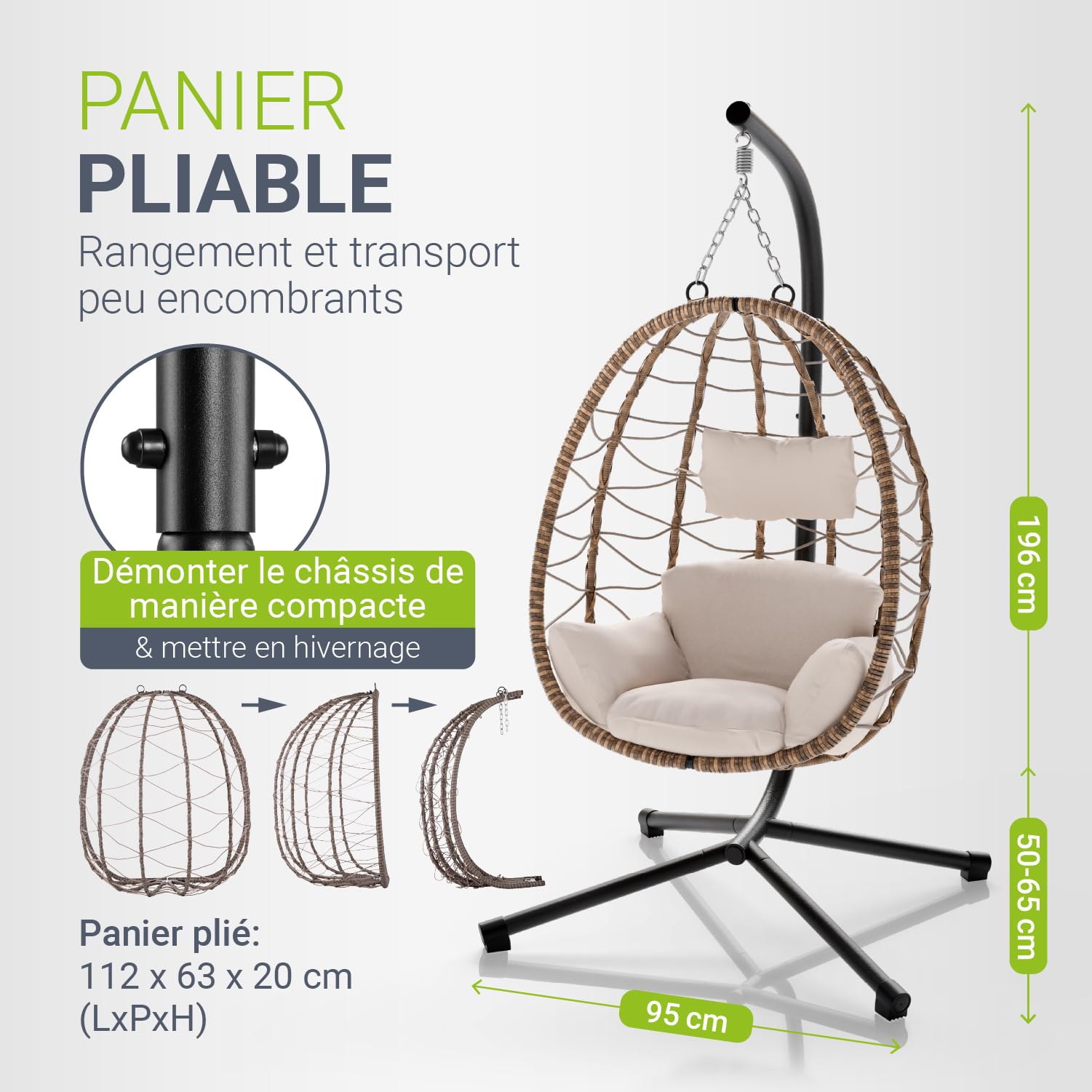 Juskys Fauteuil Suspendu Aria avec Coussin - réglable en Hauteur et Pliable - Balancelle en rotin synthétique pour l'extérieur et l'intérieur - Siège en Osier Beige jusqu'à 130 kg