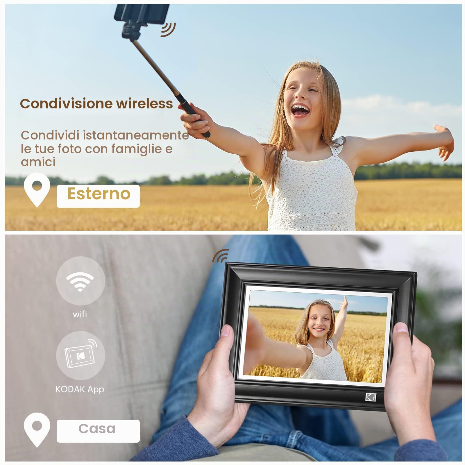 Cornice digitale WIFI 10.1 Pollici, 1920 * 1200 IPS Touch Screen, portafoto digitale con Auto-rotazione, Calendario, Sveglia,tempo metereologico