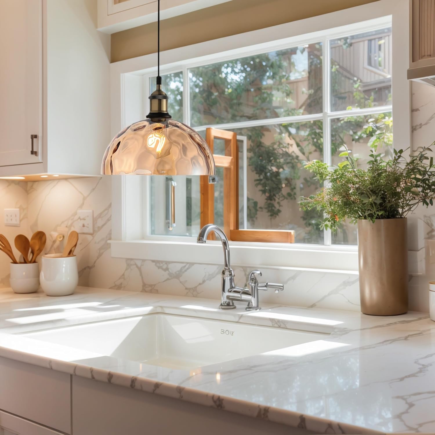 Modern Amber Glass Pendant Light, 9.84“ Mid Century Dome Lampshade Hanging Lamp Shade, Boho Chandelier Ceiling Lighting Fixture for Kitchen Island Dining Room Bathroom Hallway Foyer