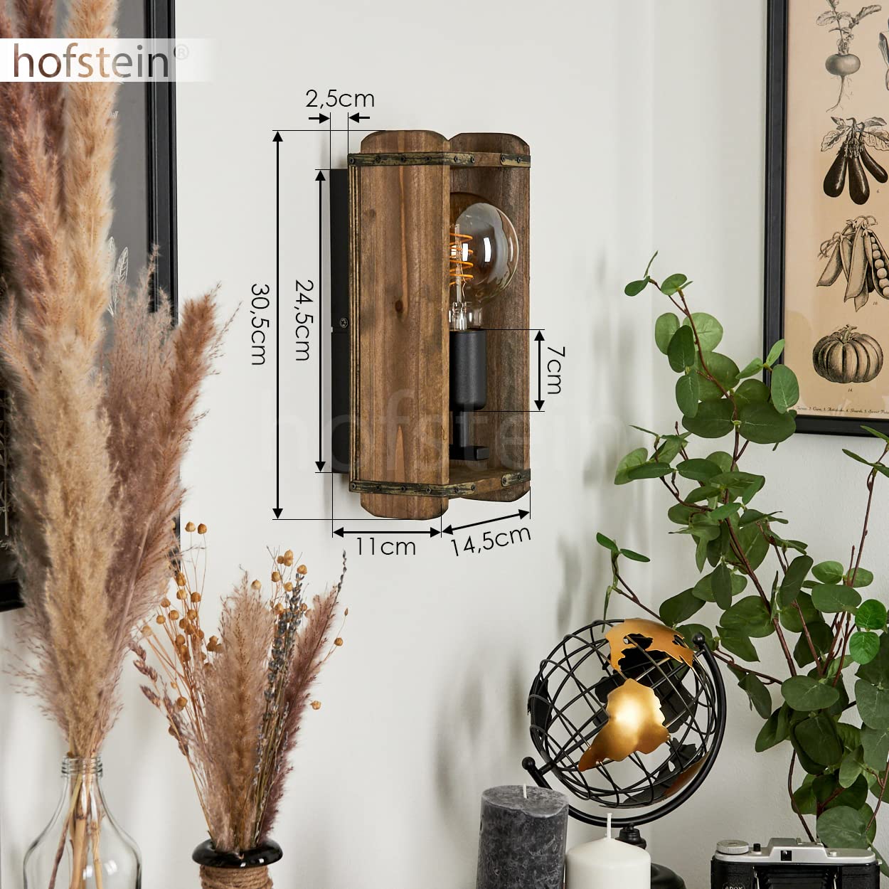 Wandleuchte Avestruz, Vintage Wandlampe aus Metall/Holz in Schwarz/Natur, 1-flammig, 1x E27, Wandspot im angesagten Retro Design aus Echtholz, ohne Leuchtmittel