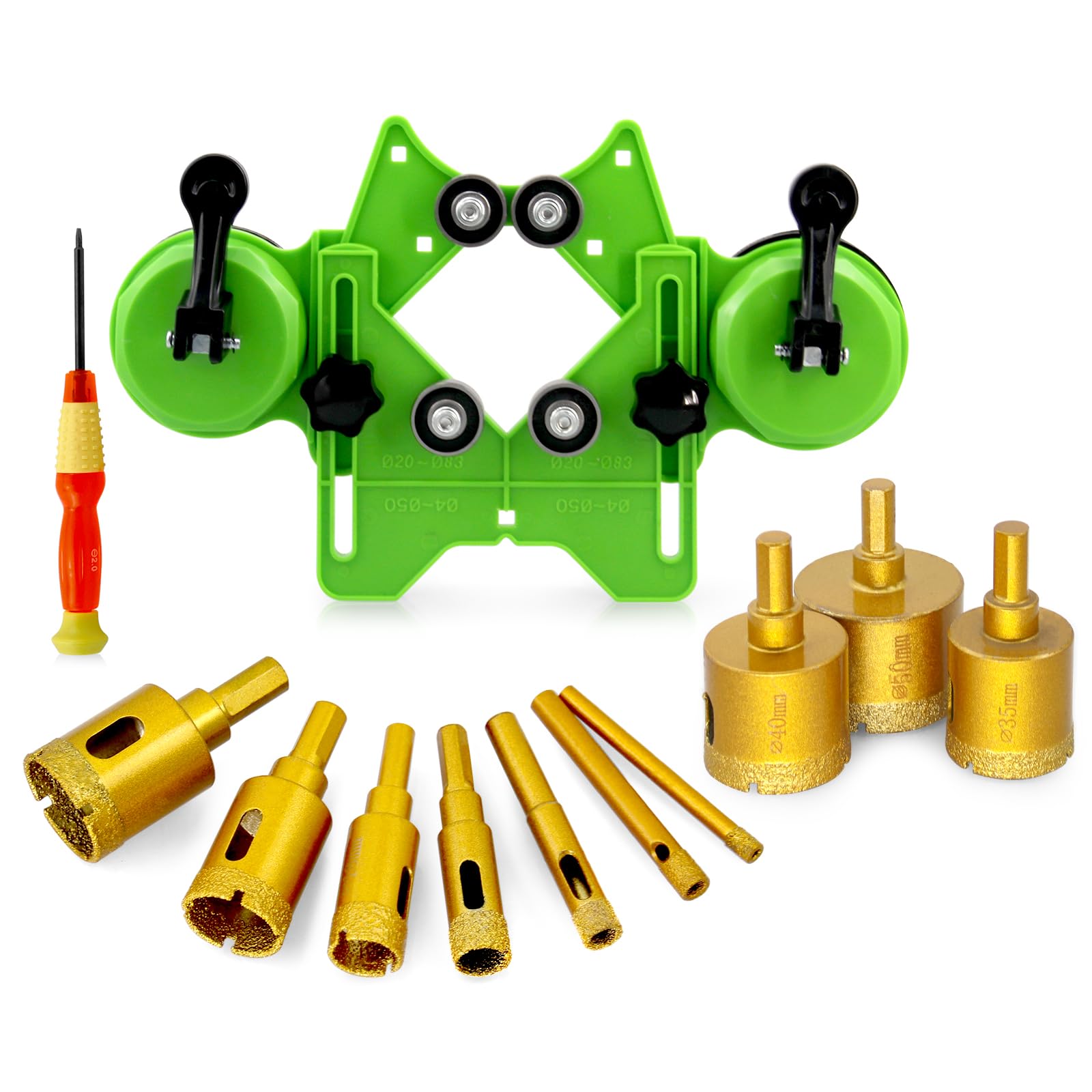 CNQLIS Kit de sierra perforadora para azulejos con plantilla guía de doble ventosa y broca recubierta de diamante (6-50 mm), broca de perforación hueca, adecuada para vidrio, azulejos, mármol