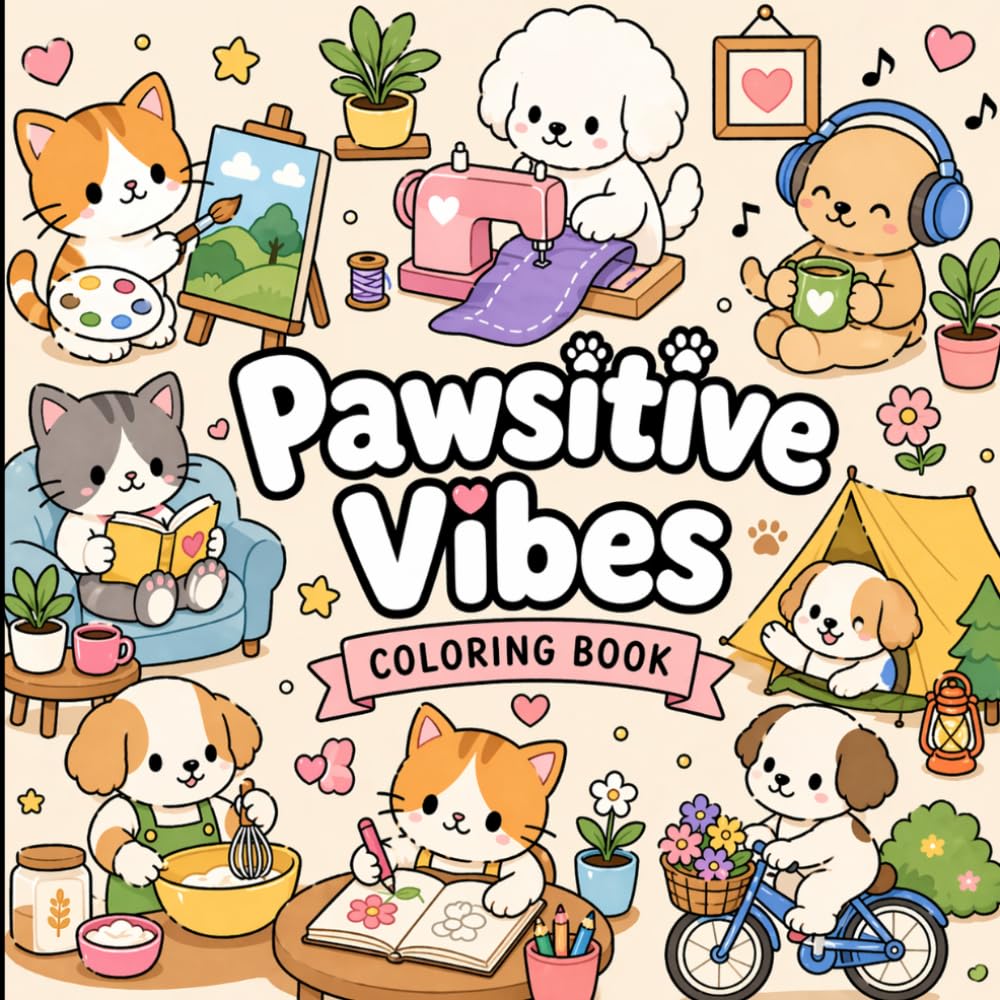 Pawsitive Vibes Coloring Book: Cute Dogs and Cats Coloring Pages Featuring Cozy Animal Scenes for Relaxation, Stress Relief, and Creative Calm for Adults