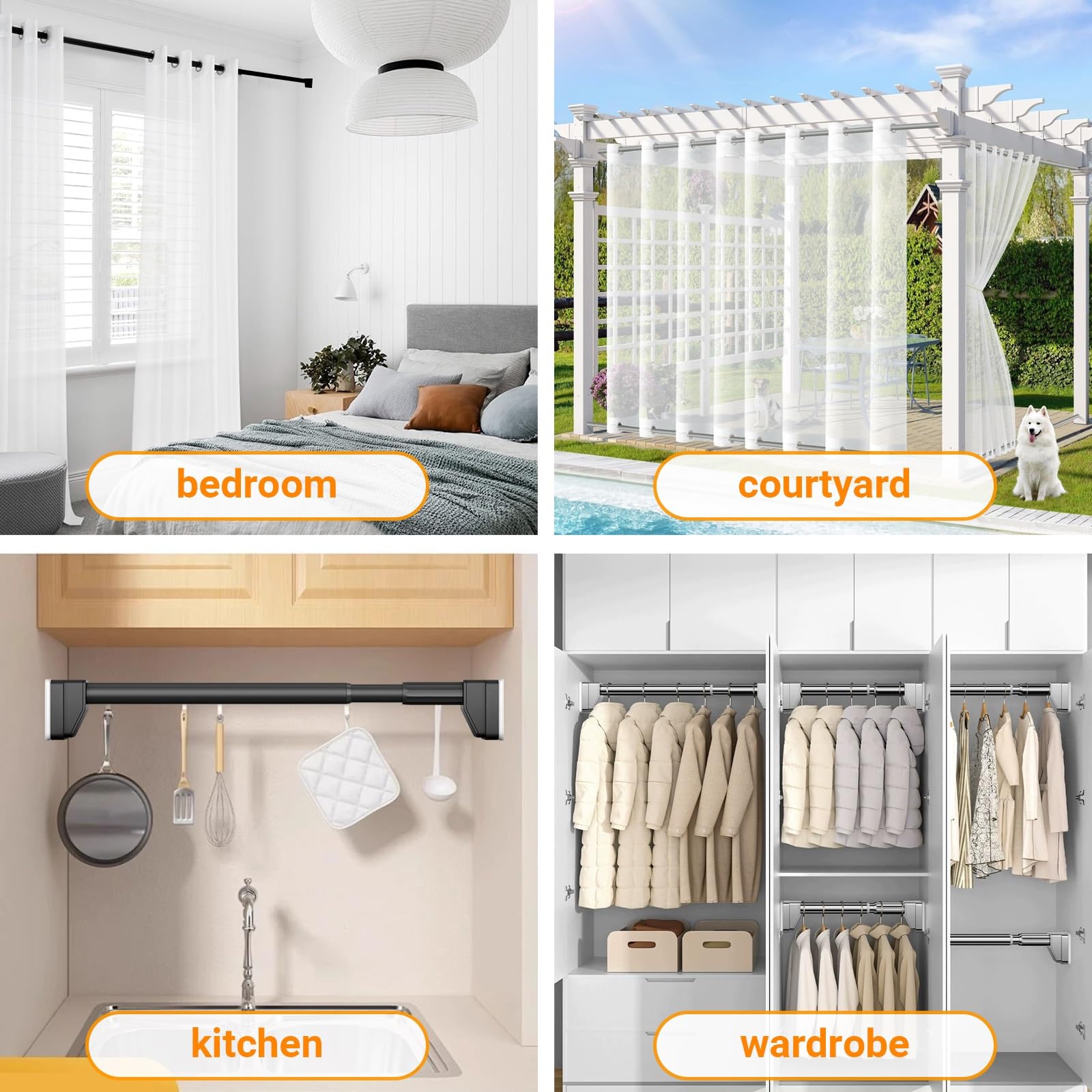 Barra Extensible Ajustable de 40-490cm, Barra de Cortina sin taladrar, Antideslizante Barra Telescópica, Ø 33mm Acero Inoxidable Barra de tensión para baño Armario Ventanas o Puertas(Acero inoxidable,