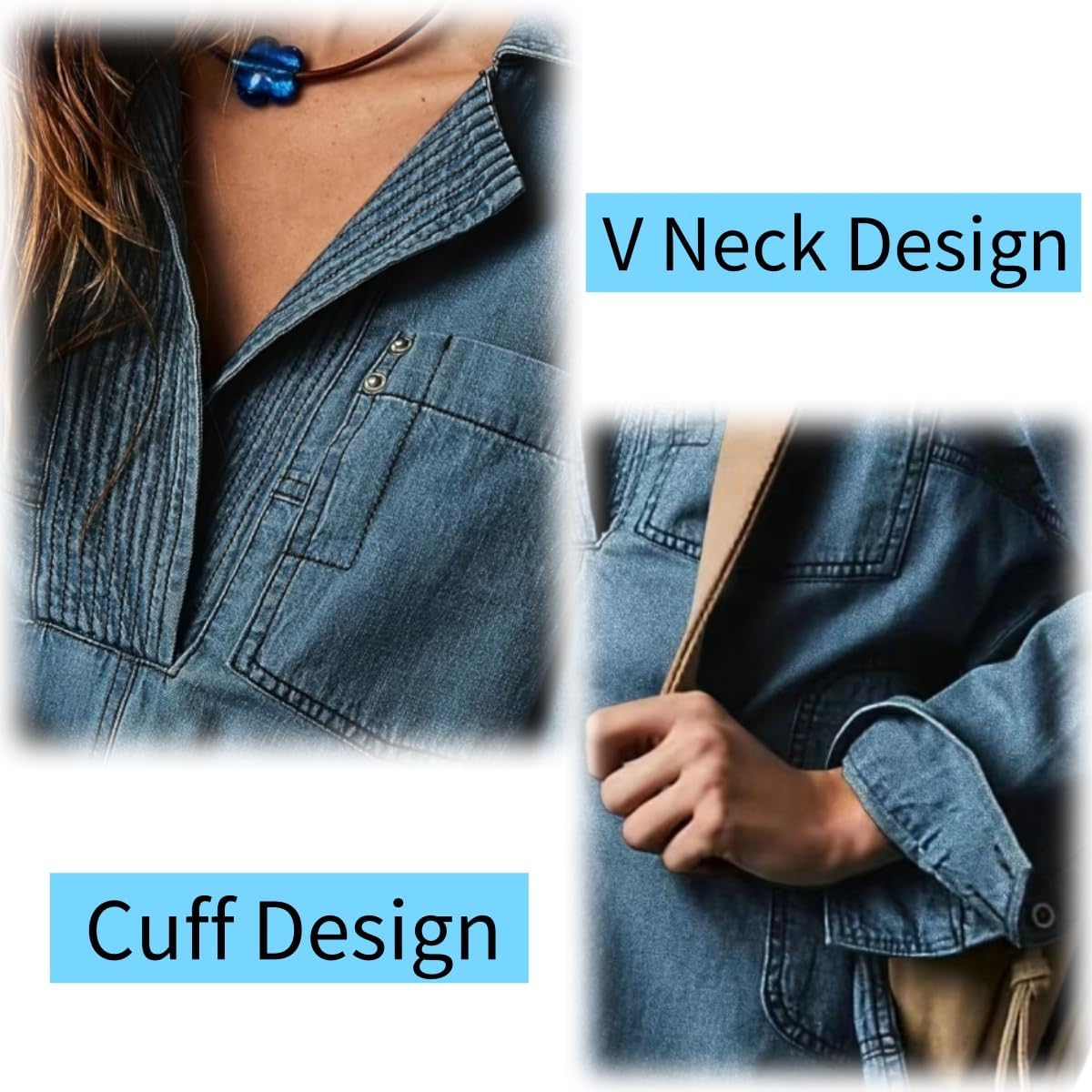 Women's Denim Pullover,Casual V Neck Long Sleeve Loose Fit Jean Jacket Blouse with Pocket,Lapel Comfy Oversized Denim Tops