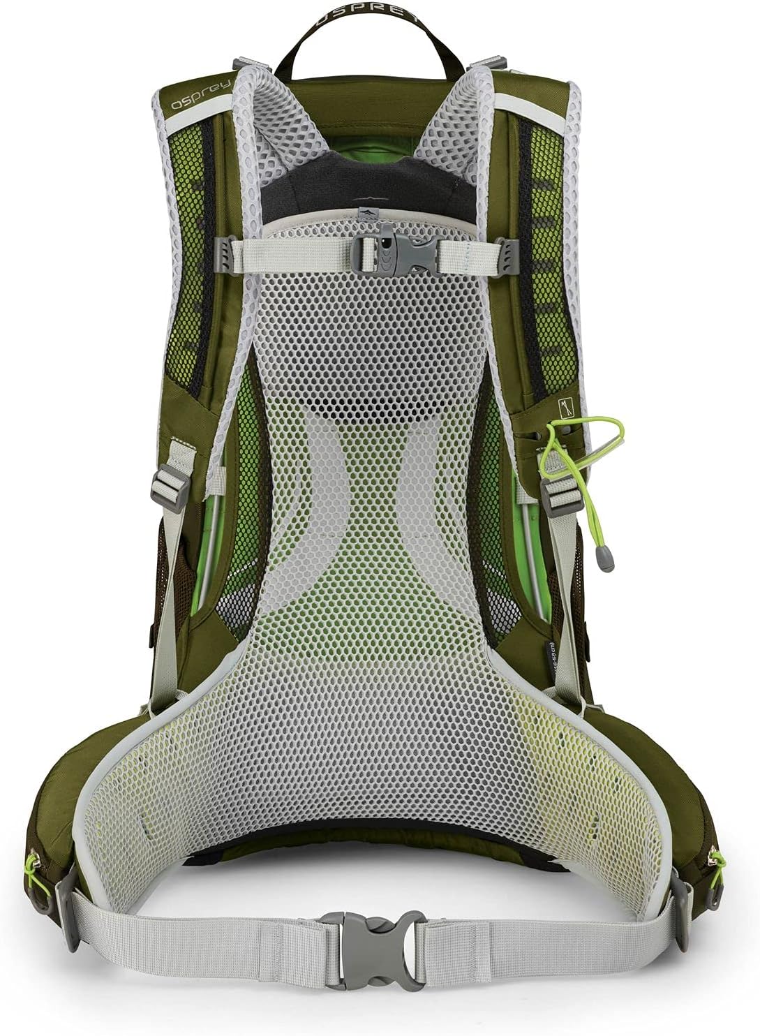 Back view of the Osprey Stratos 24 hiking backpack, highlighting the ventilated AirSpeed backpanel and adjustable harness.