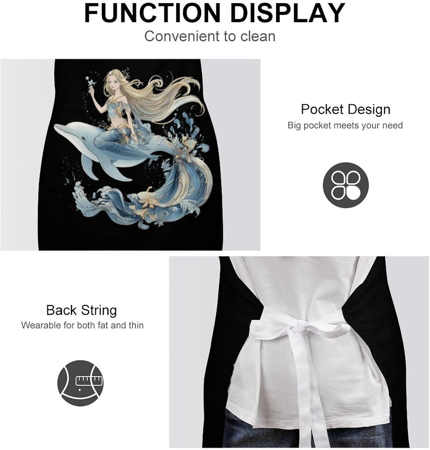 Mermaid1 Is Riding on Dolphin Funny Apron Chef Aprons with Pockets for Gardening Cooking Kitchen