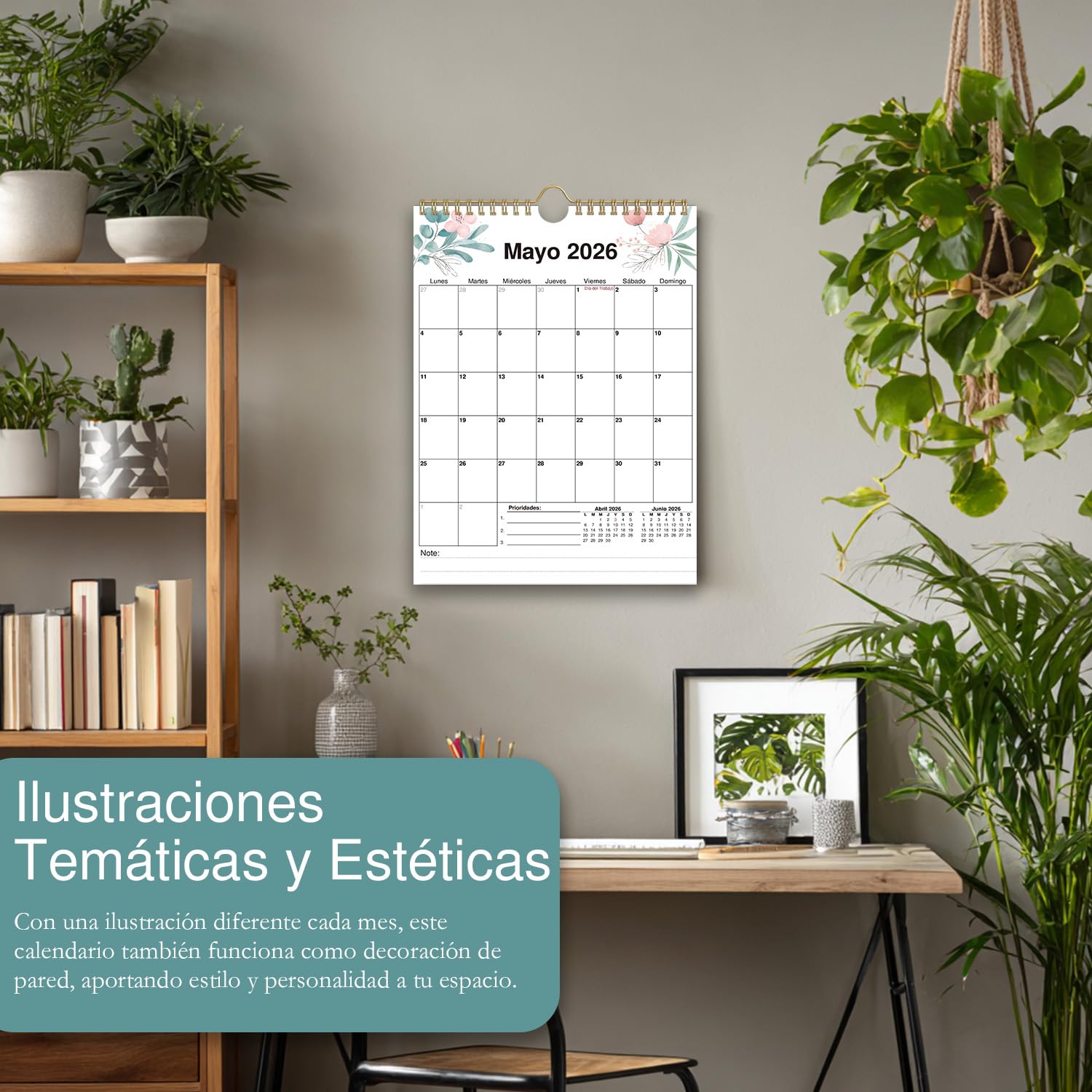 Calendario De Pared 2025-2026, 16 Meses (Sept 2025 - Dic 2026), Formato A4, Diseño Flores Verde, Festivos Francia, Encuadernación Dorada