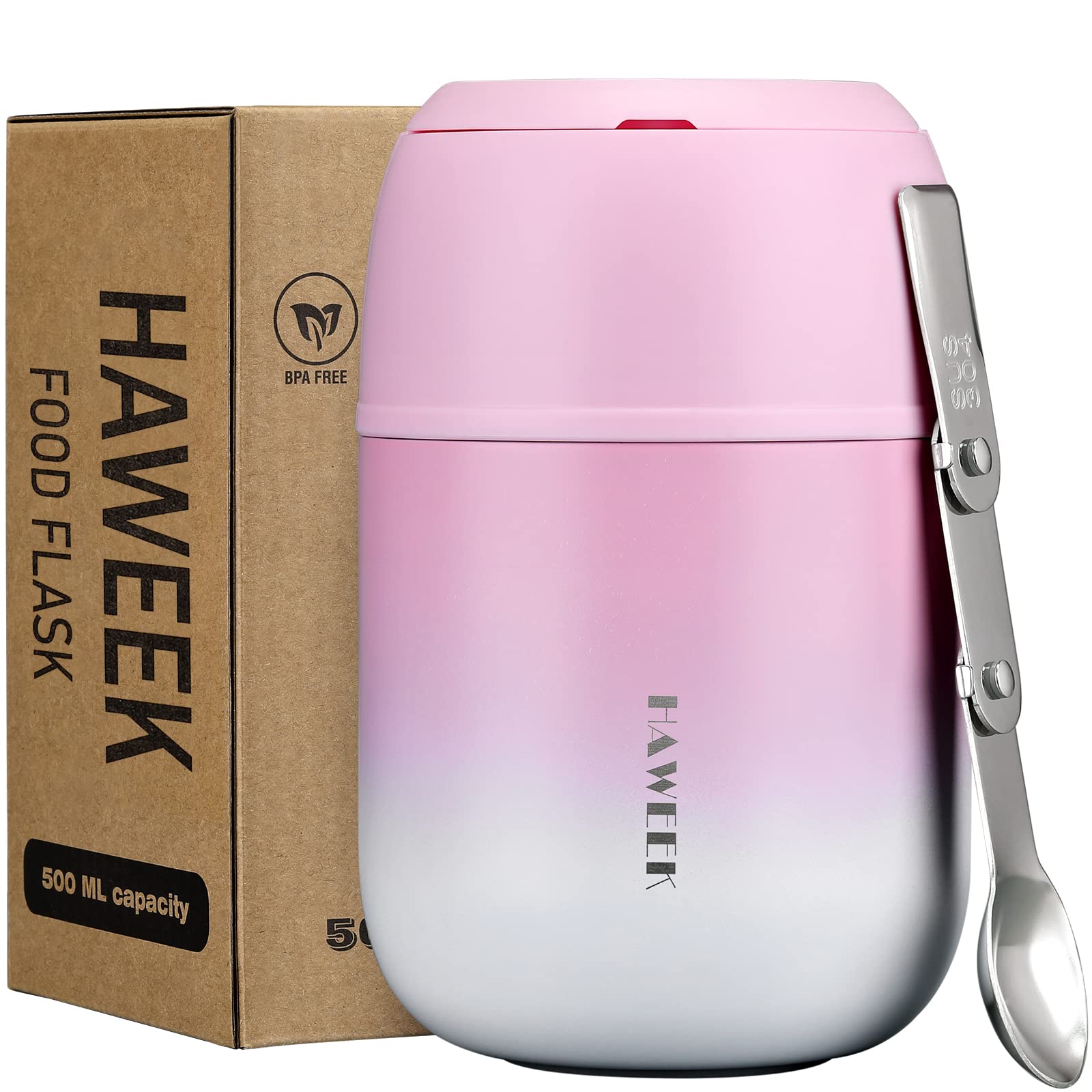 HAWEEKInsulated Food Container 17 oz Soup Thermo for Hot Food Adults, Stainless Steel Vacuum Lunch Box with Folding Spoon, Adult Kids Thermo Portable with Handle for School, Office, Outdoor