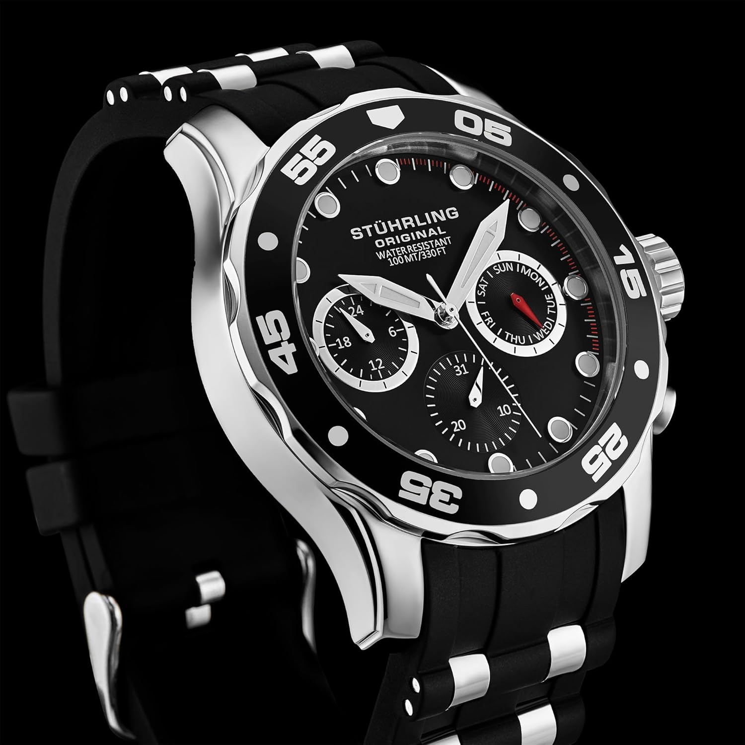Stuhrling Men's Multi-Function Watch, Black Dial, Silver Case, Black Silicone Band