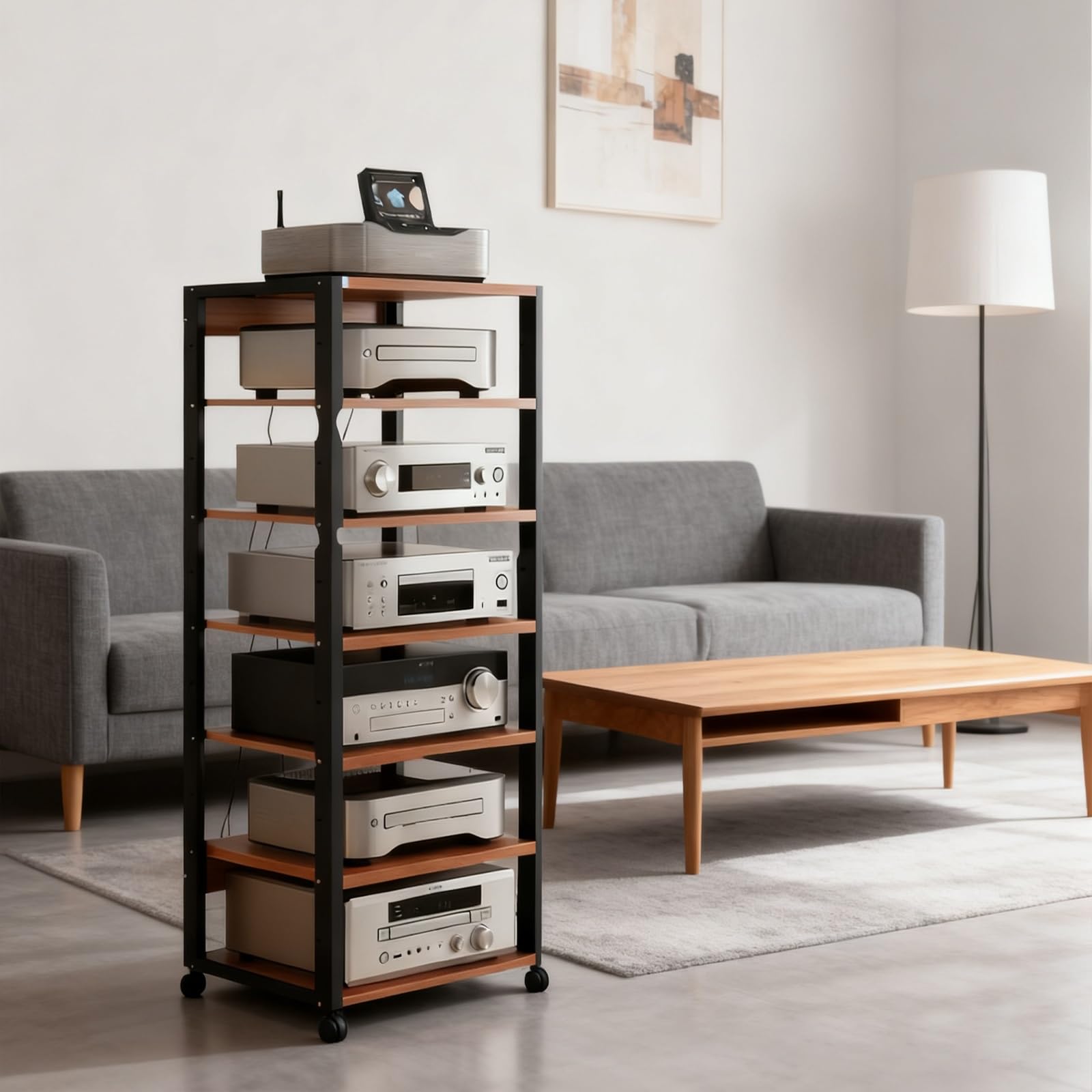CWCQGH 7 Tier Black Rack Shelf with Wheels Media Tower Cabinet for Record Player Stereo Stand Audio Storage Shelves Home Entertainment,Teak Color