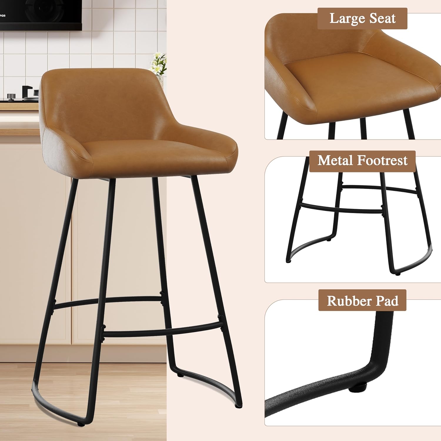 Alunaune 26inch Barstools Set of 2, Mid Century Faux Leather Counter Height Bar Stools, Modern Dining Room Bar Chairs for Kitchen Island with Back Metal Legs-Brown