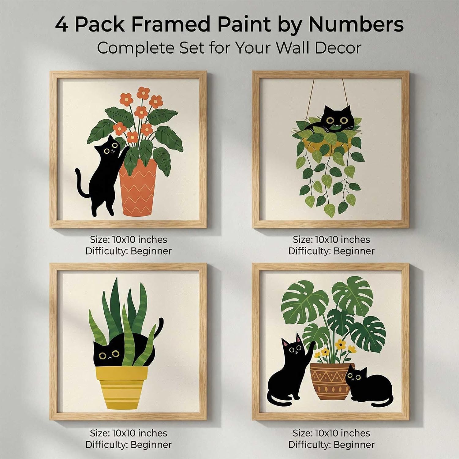 Amphol Framed Paint by Numbers Kit for Adults - 10x10 Inch Easy 4 Pack Potted Cat Framed Canvas Paint by Number for Beginners, DIY Acrylic Oil Painting Kits with Frame for Home Wall Decor Gift