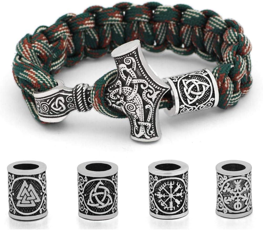 GuoShuang Norse Viking Thor Mjolnir Hammer Camouflage Paracord Bracelet with 4 Beads,The Horns of Odin, Vegvisir,Valknut,Helm of Awe Silver
