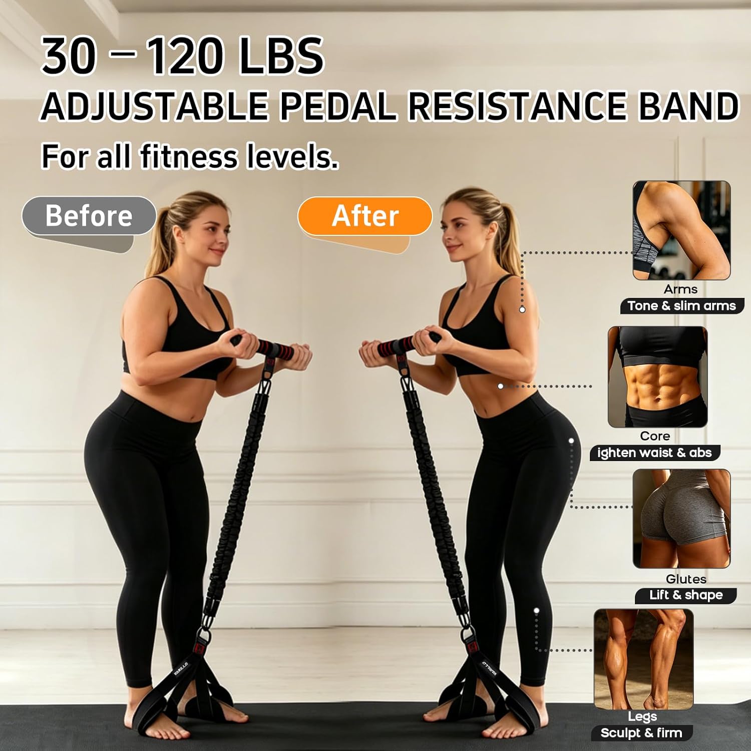 Multifunction Pedal Resistance Band with Handle, 30/40/50LB Adjustable Foot Pedal Puller Resistance Band with Poster & Storage, Extended Length Tension Rope for Men Women Full Body Workout Home Gym
