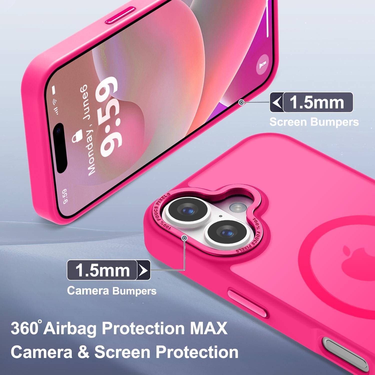 Newfuture Designed for iPhone 16 Case with Magnetic [13 FT Military Drop Protection] [Compatible with Magsafe] Slim Translucent Matte Shockproof with Anti-Fingerprint Phone Case, Hot Pink